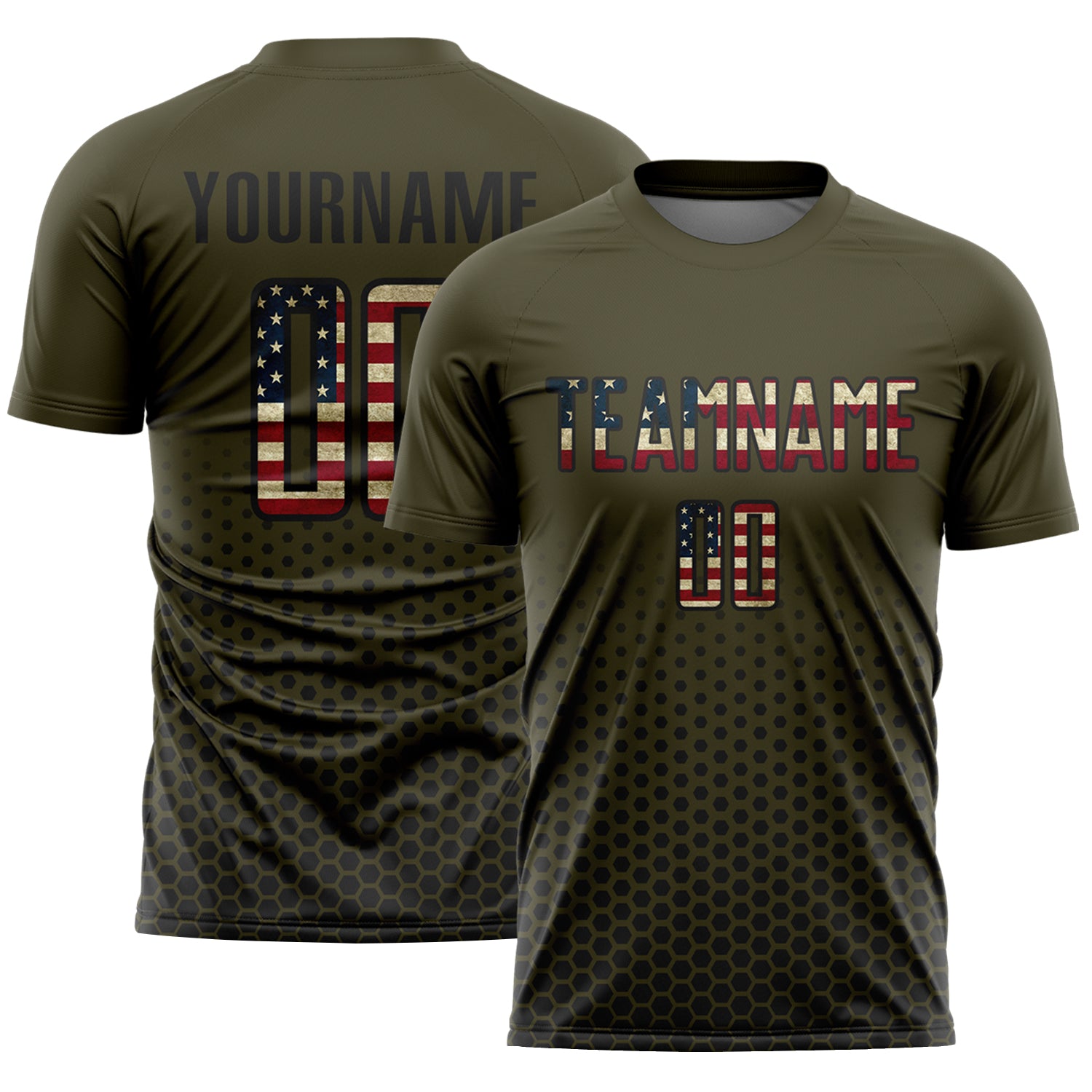 Custom Olive Vintage USA Flag-Black Geometric Hexagonal Dot Gradient Sublimation Soccer Uniform Jersey