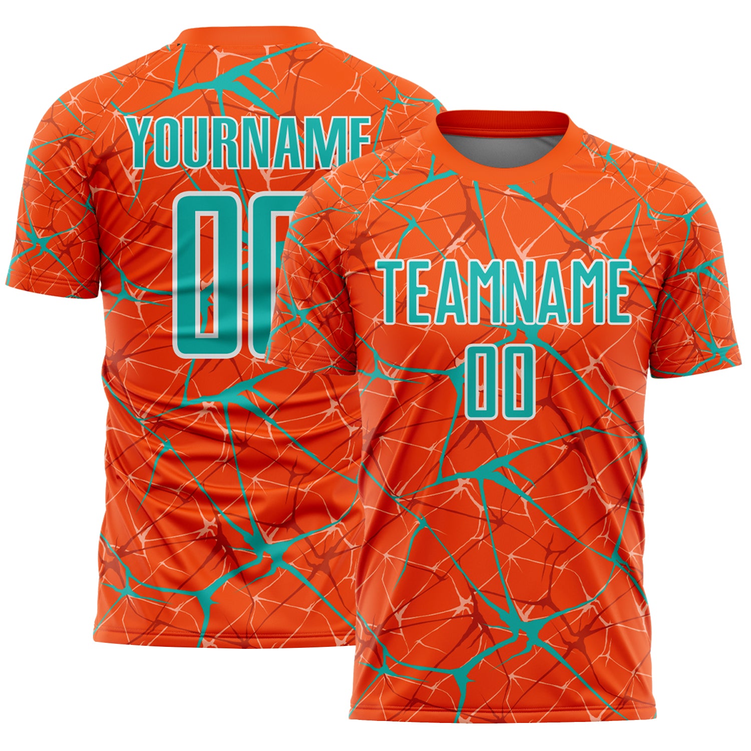 Custom Orange Aqua-White Abstract Network Crackle Sublimation Soccer Uniform Jersey