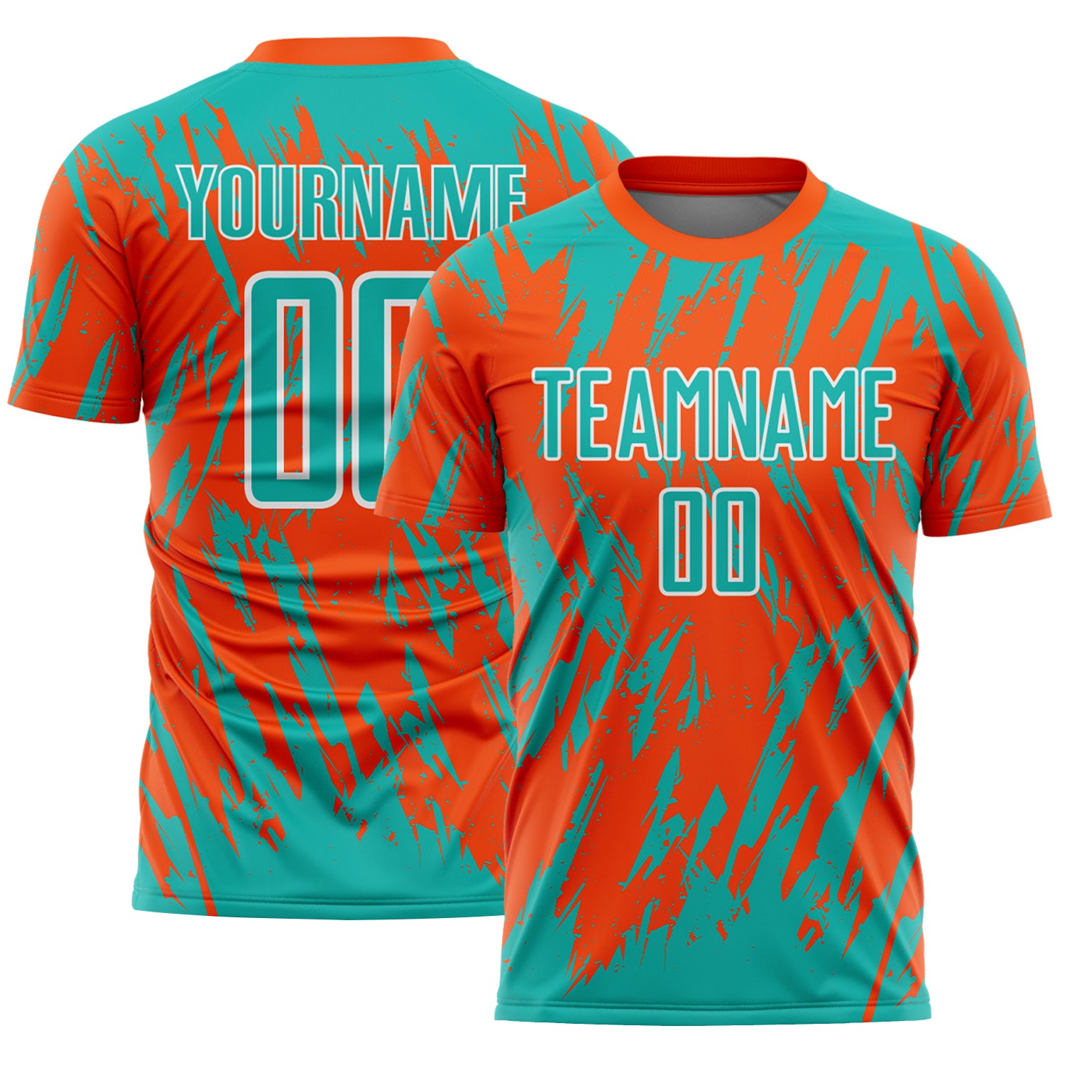 Custom Orange Aqua-White Splatter Torn Sharp Brush Stroke Sublimation Soccer Uniform Jersey