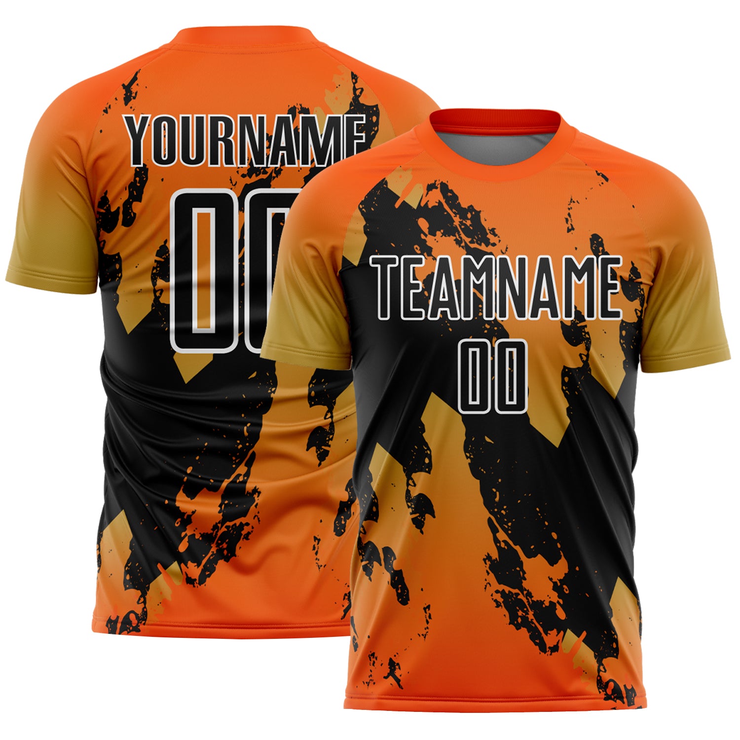 Custom Orange Black Old Gold-White Gradient Splash Sublimation Soccer Uniform Jersey