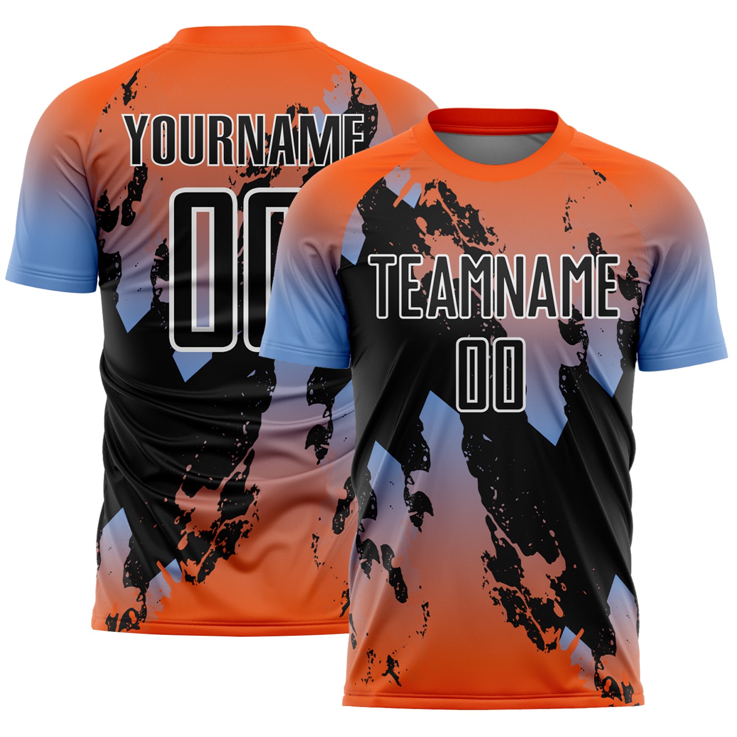 Custom Orange Black Powder Blue-White Gradient Splash Sublimation Soccer Uniform Jersey