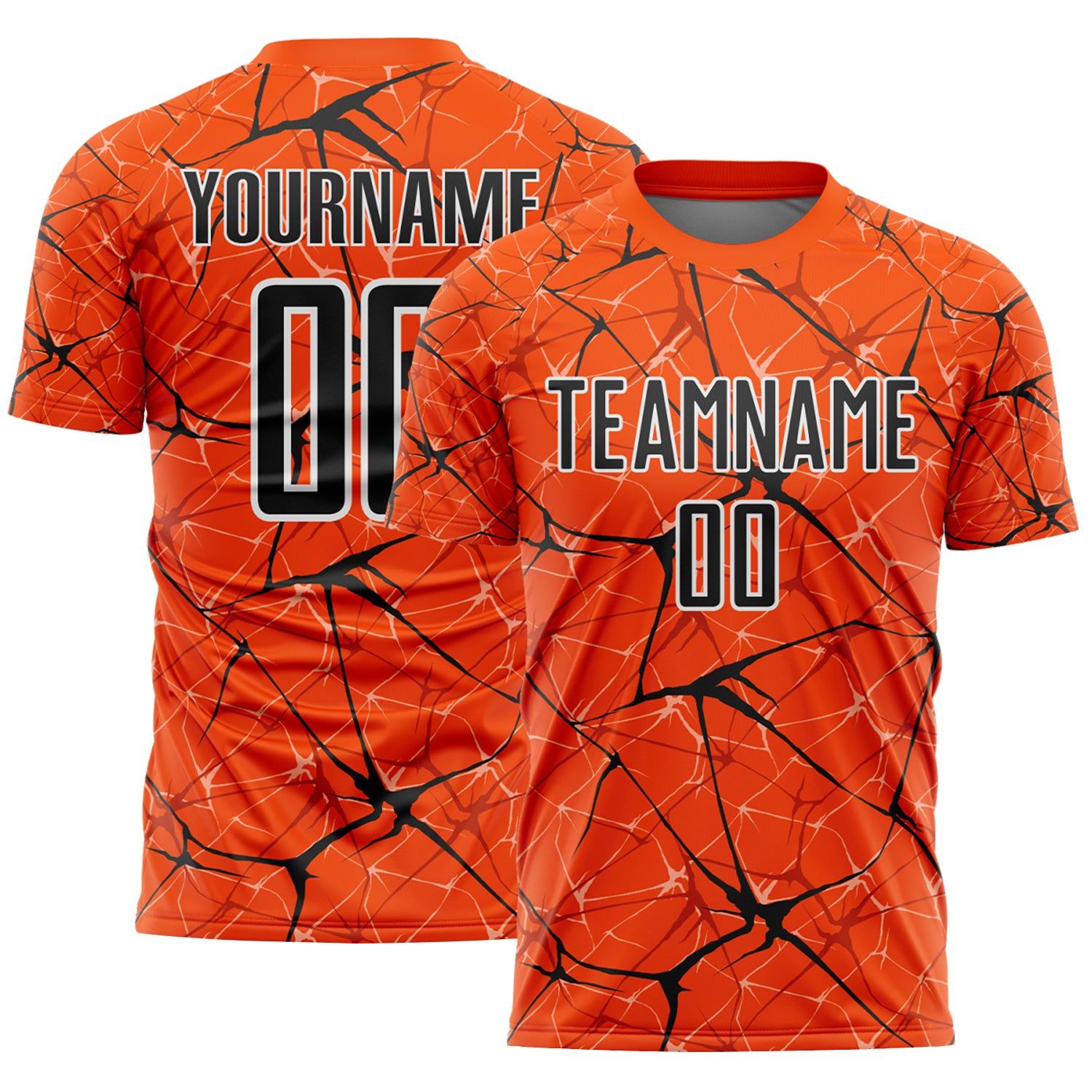 Custom Orange Black-White Abstract Network Crackle Sublimation Soccer Uniform Jersey
