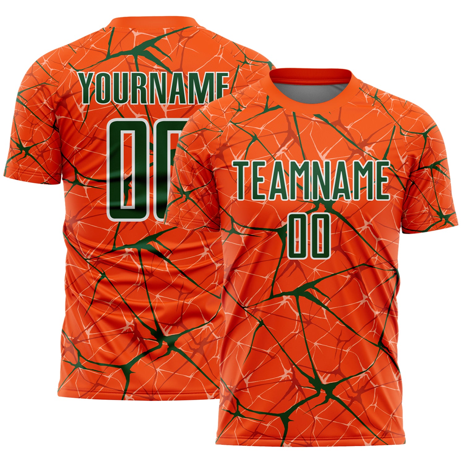 Custom Orange Green-White Abstract Network Crackle Sublimation Soccer Uniform Jersey
