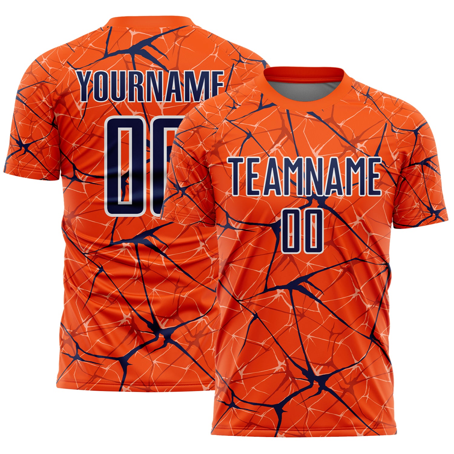 Custom Orange Navy-White Abstract Network Crackle Sublimation Soccer Uniform Jersey
