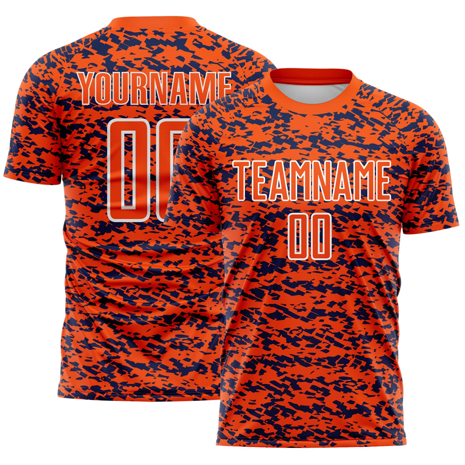 Custom Orange Navy-White Geometric Fragment Splatter Sublimation Soccer Uniform Jersey