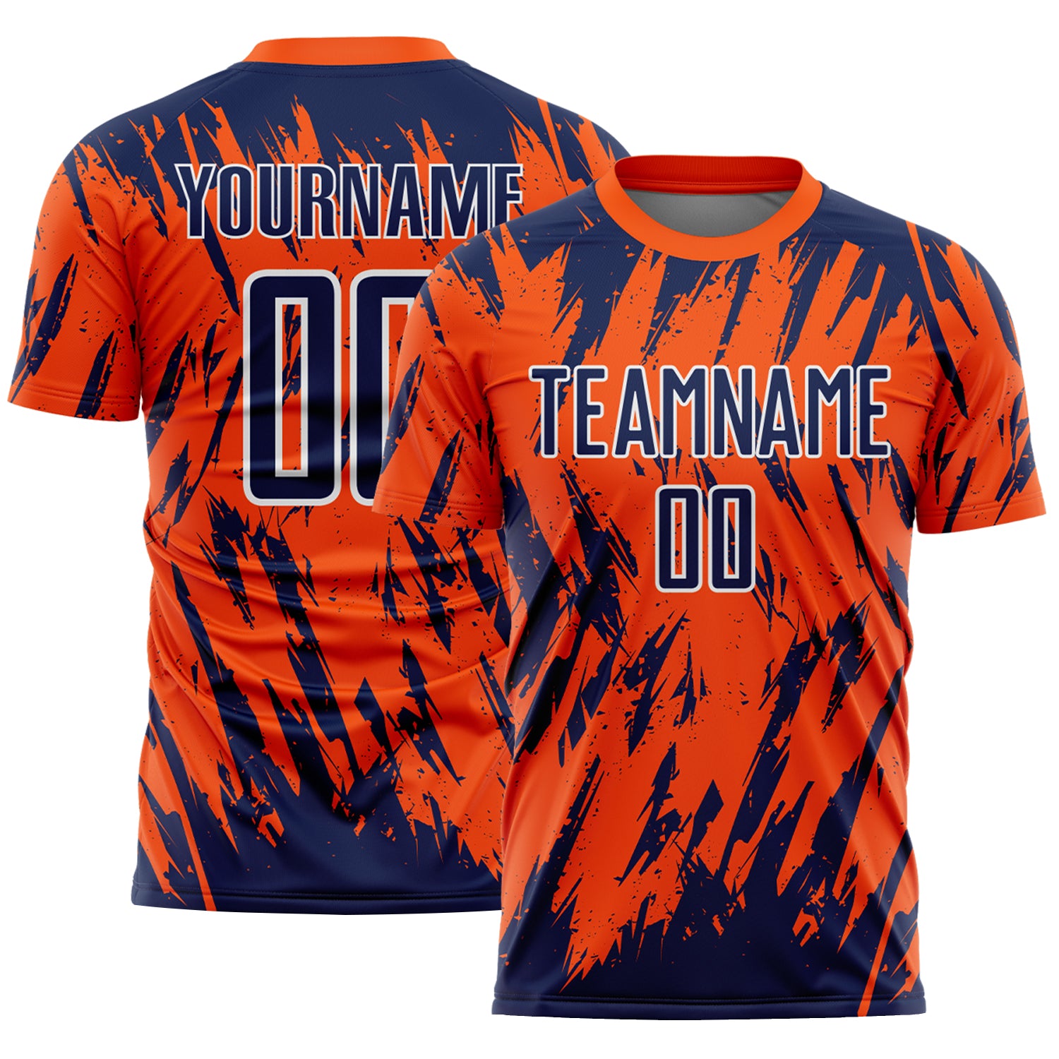 Custom Orange Navy-White Splatter Torn Sharp Brush Stroke Sublimation Soccer Uniform Jersey