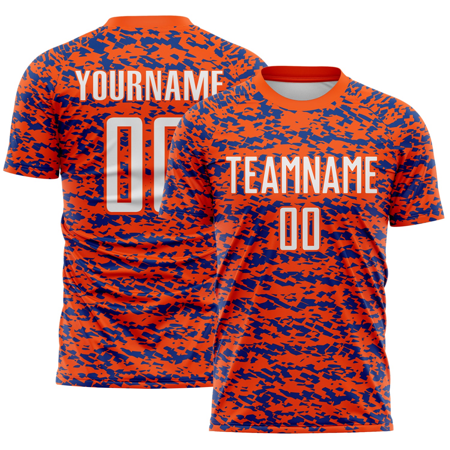Custom Orange-Royal Geometric Fragment Splatter Sublimation Soccer Uniform Jersey