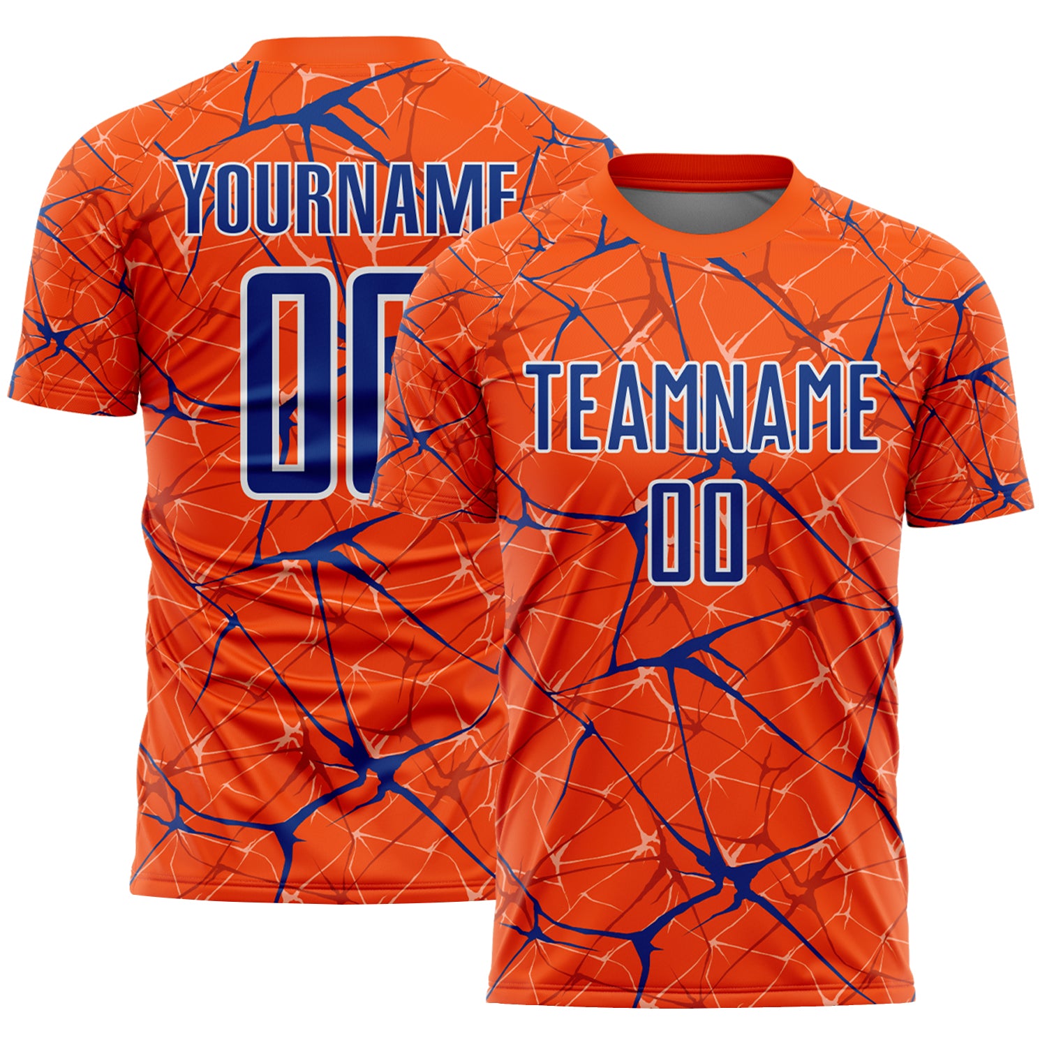 Custom Orange Royal-White Abstract Network Crackle Sublimation Soccer Uniform Jersey