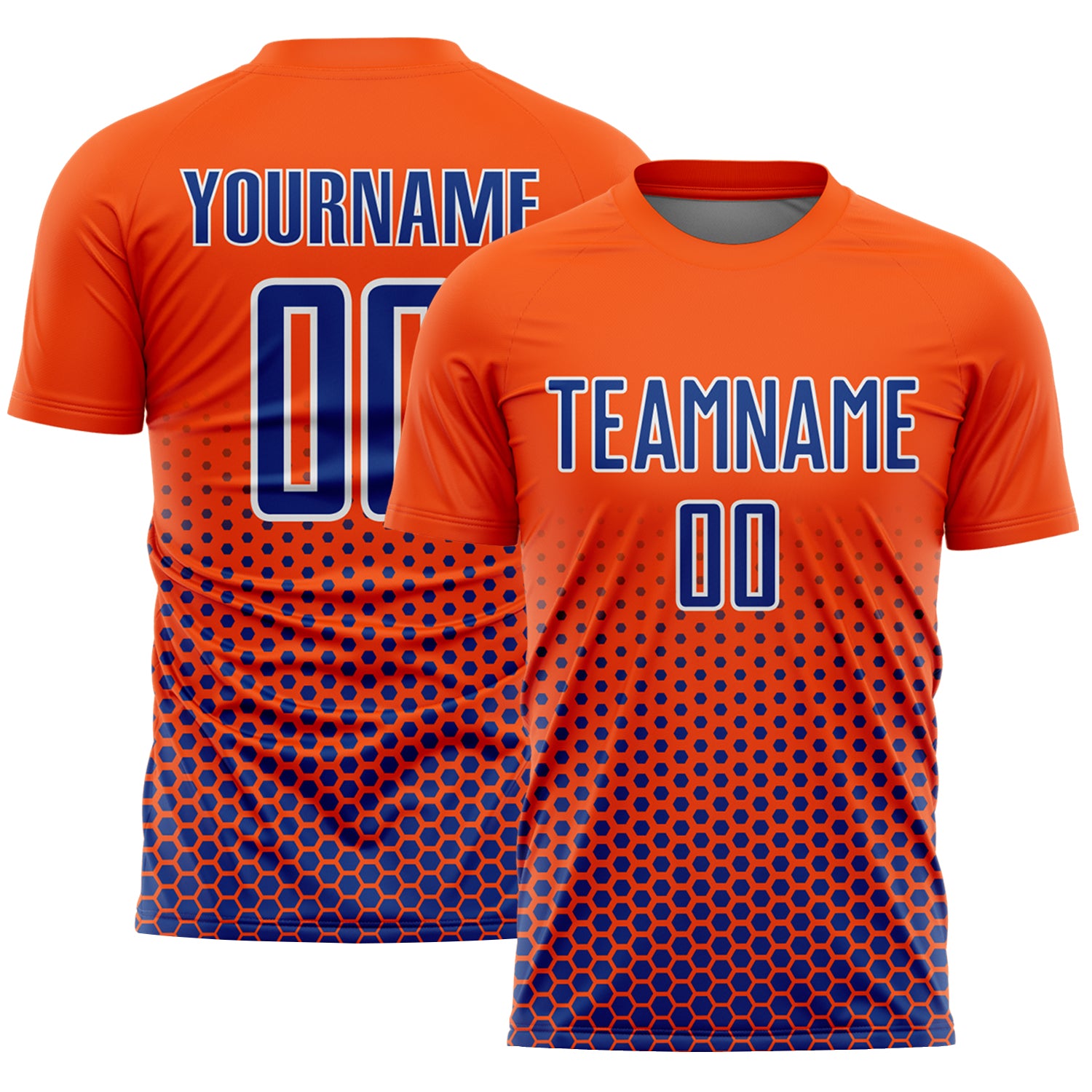 Custom Orange Royal-White Geometric Hexagonal Dot Gradient Sublimation Soccer Uniform Jersey