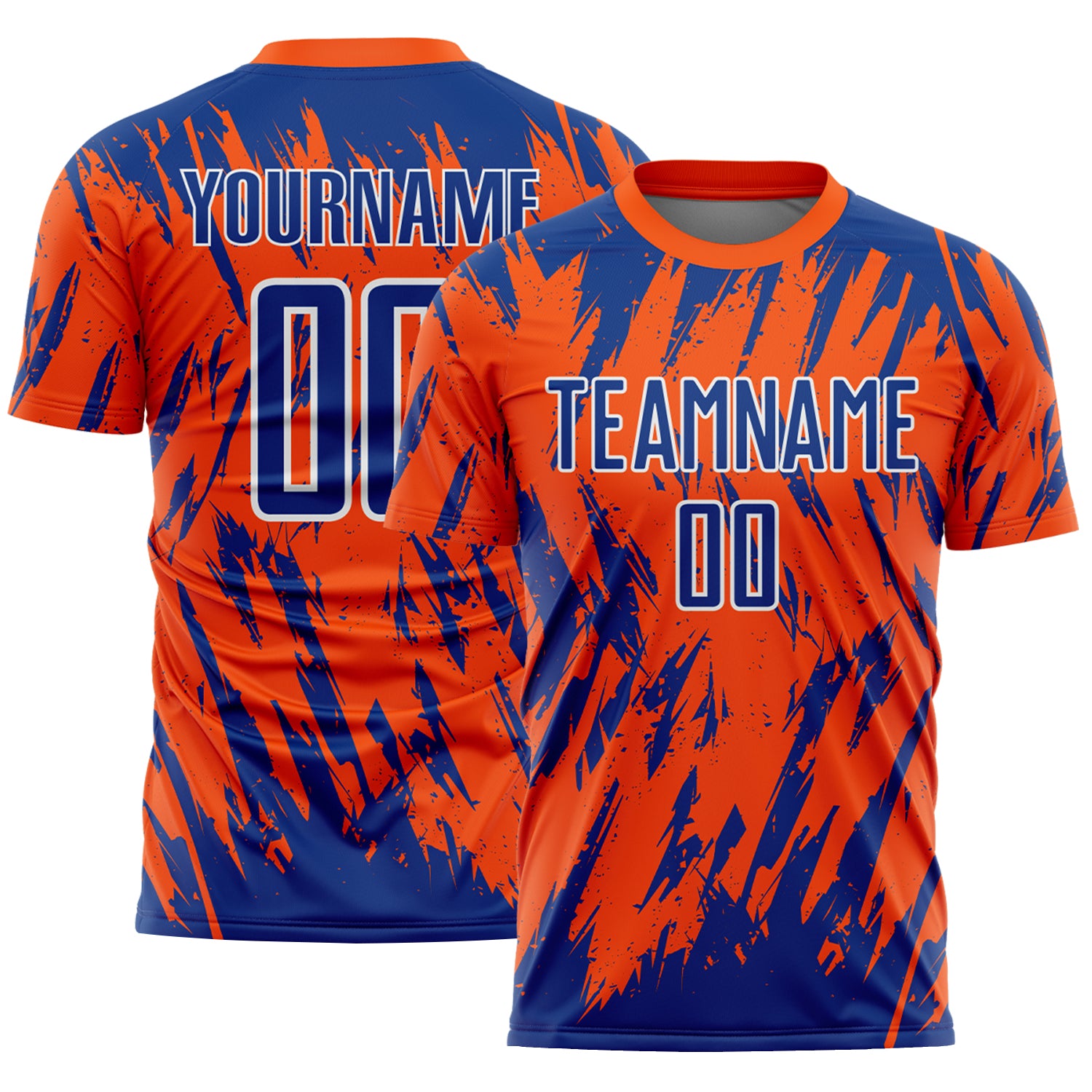 Custom Orange Royal-White Splatter Torn Sharp Brush Stroke Sublimation Soccer Uniform Jersey
