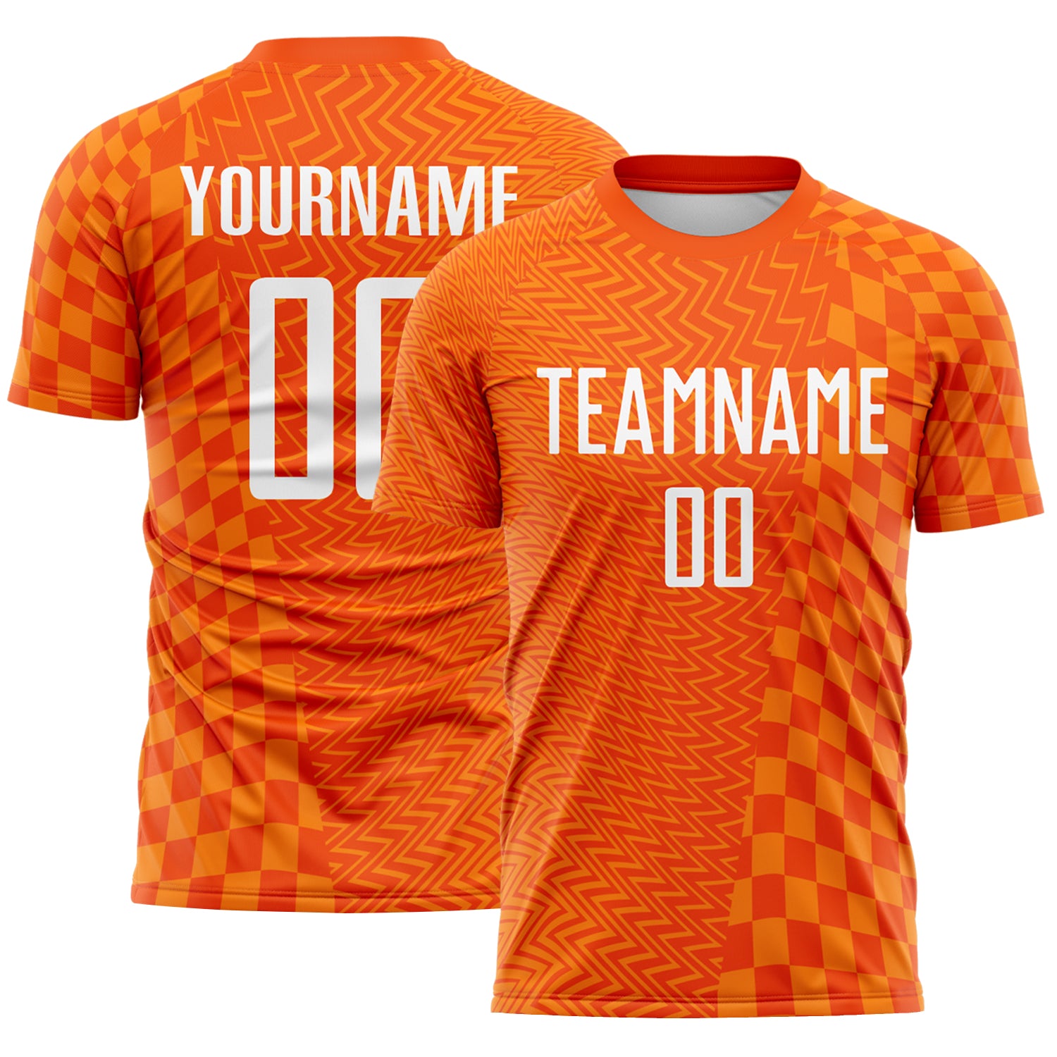 Custom Orange-White Geometric Patchwork Asymmetry Checkered Zigzag Lines Sublimation Soccer Uniform Jersey