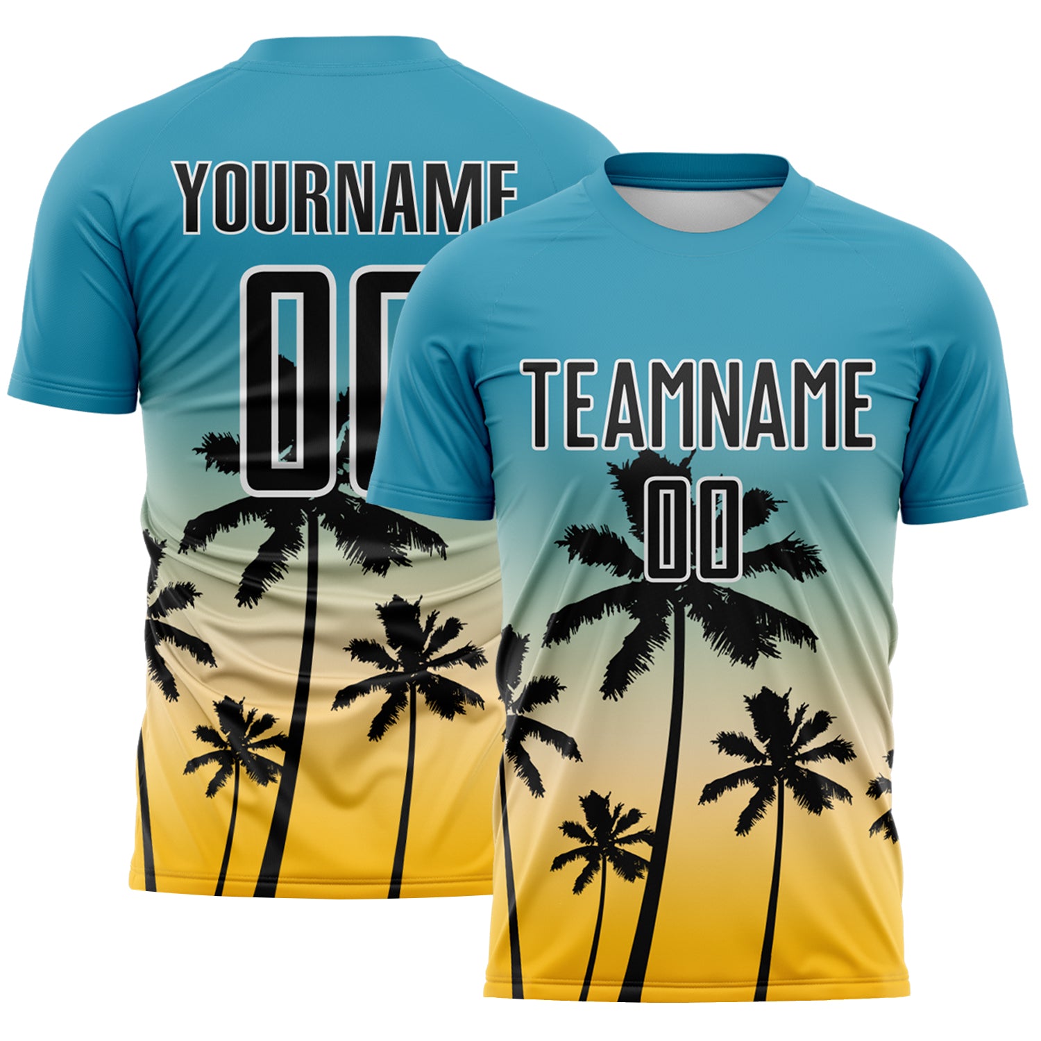 Custom Panther Blue Black Cream Gold-White Tropical Hawaii Palm Trees Gradient Sublimation Soccer Uniform Jersey