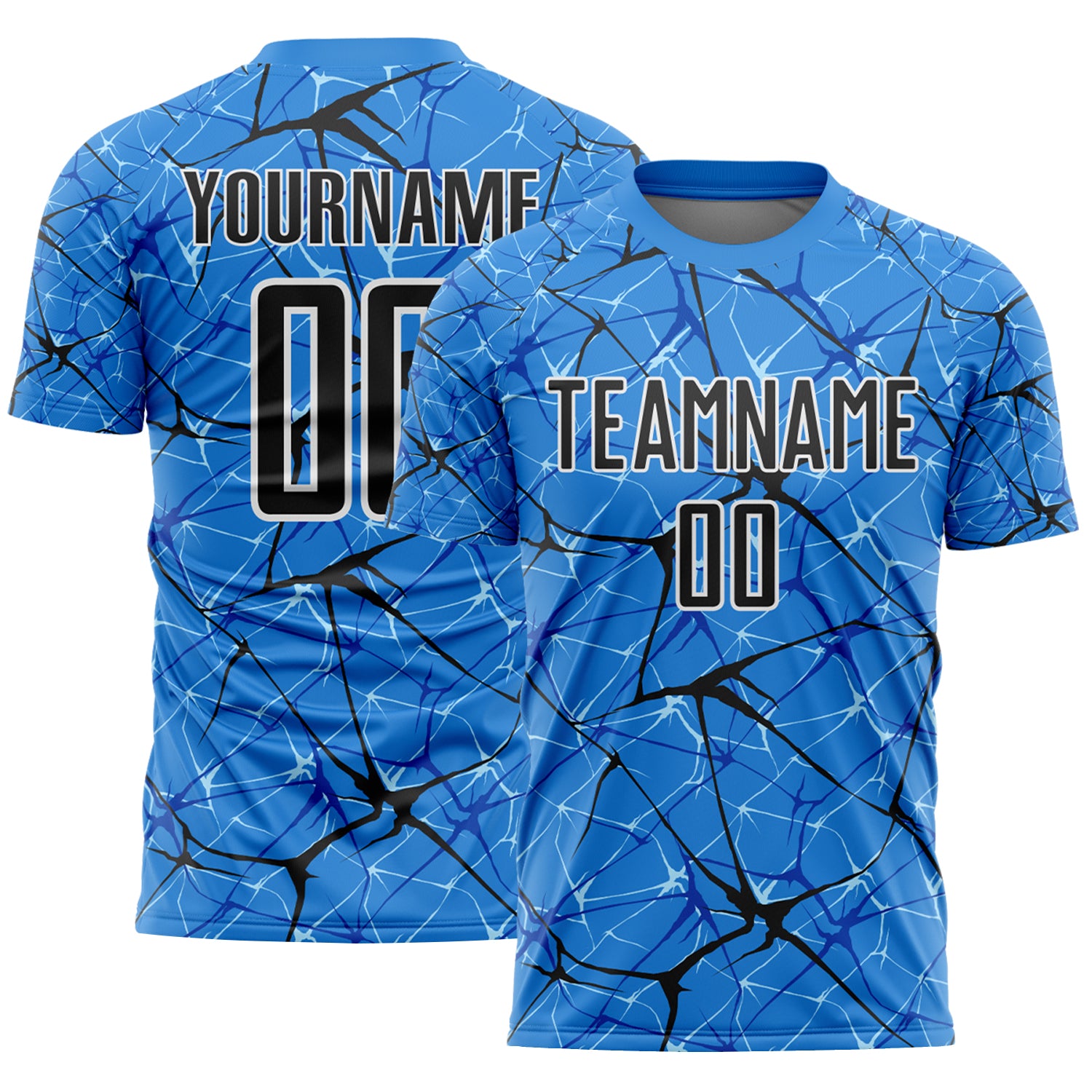 Custom Powder Blue Black-White Abstract Network Crackle Sublimation Soccer Uniform Jersey