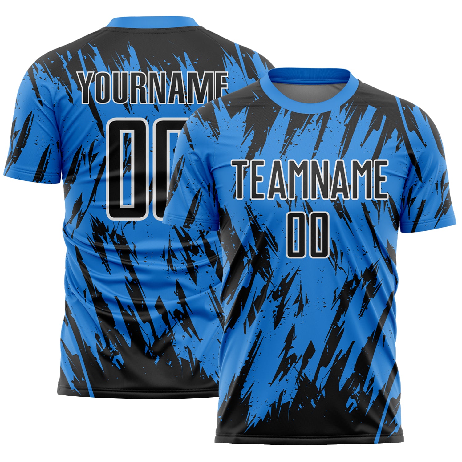 Custom Powder Blue Black-White Splatter Torn Sharp Brush Stroke Sublimation Soccer Uniform Jersey
