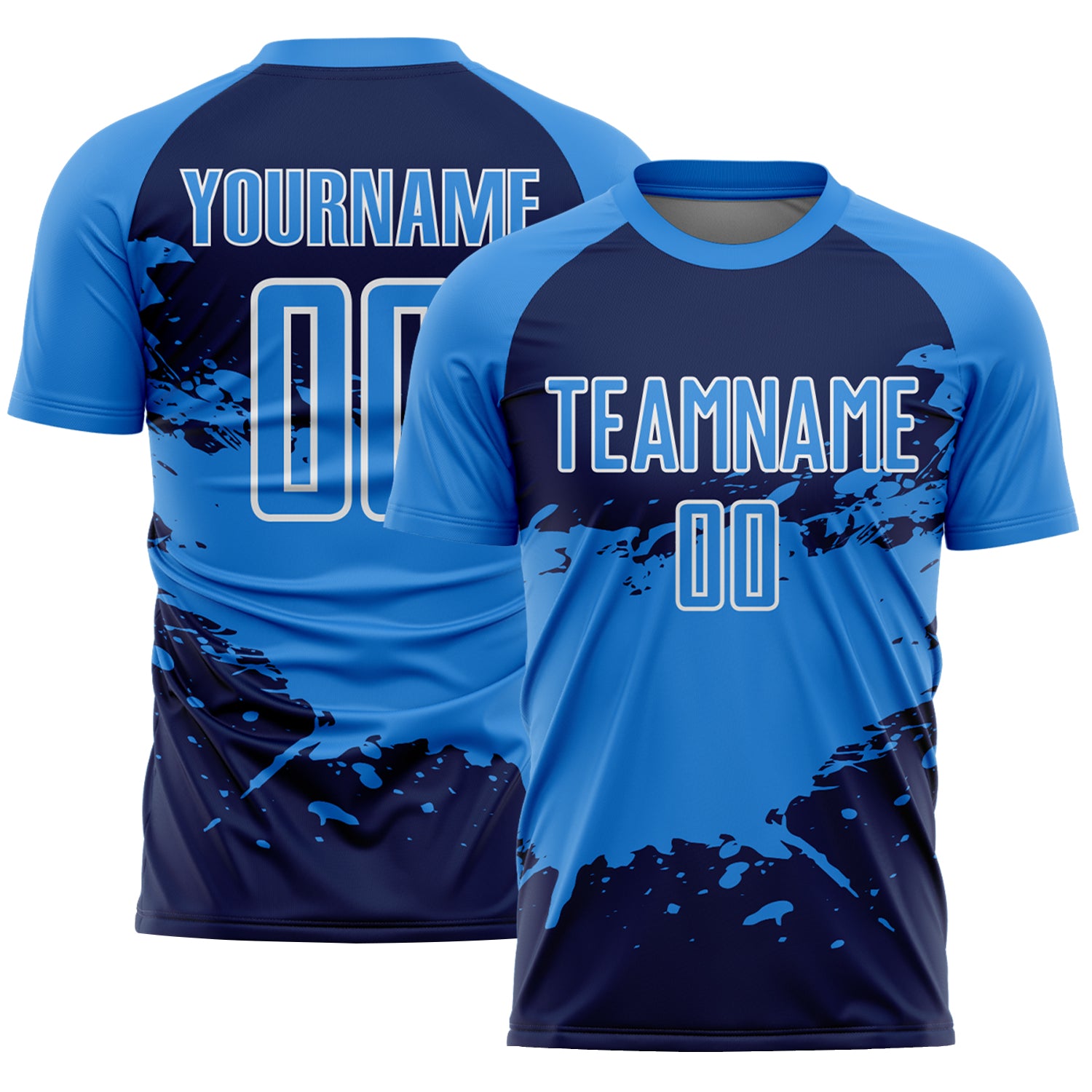 Custom Powder Blue Navy-White Splash Color Block Sublimation Soccer Uniform Jersey