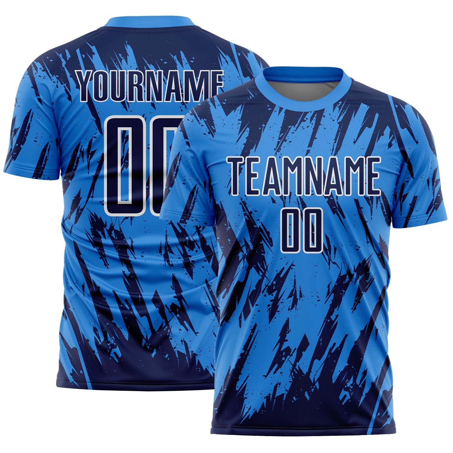 Custom Powder Blue Navy-White Splatter Torn Sharp Brush Stroke Sublimation Soccer Uniform Jersey