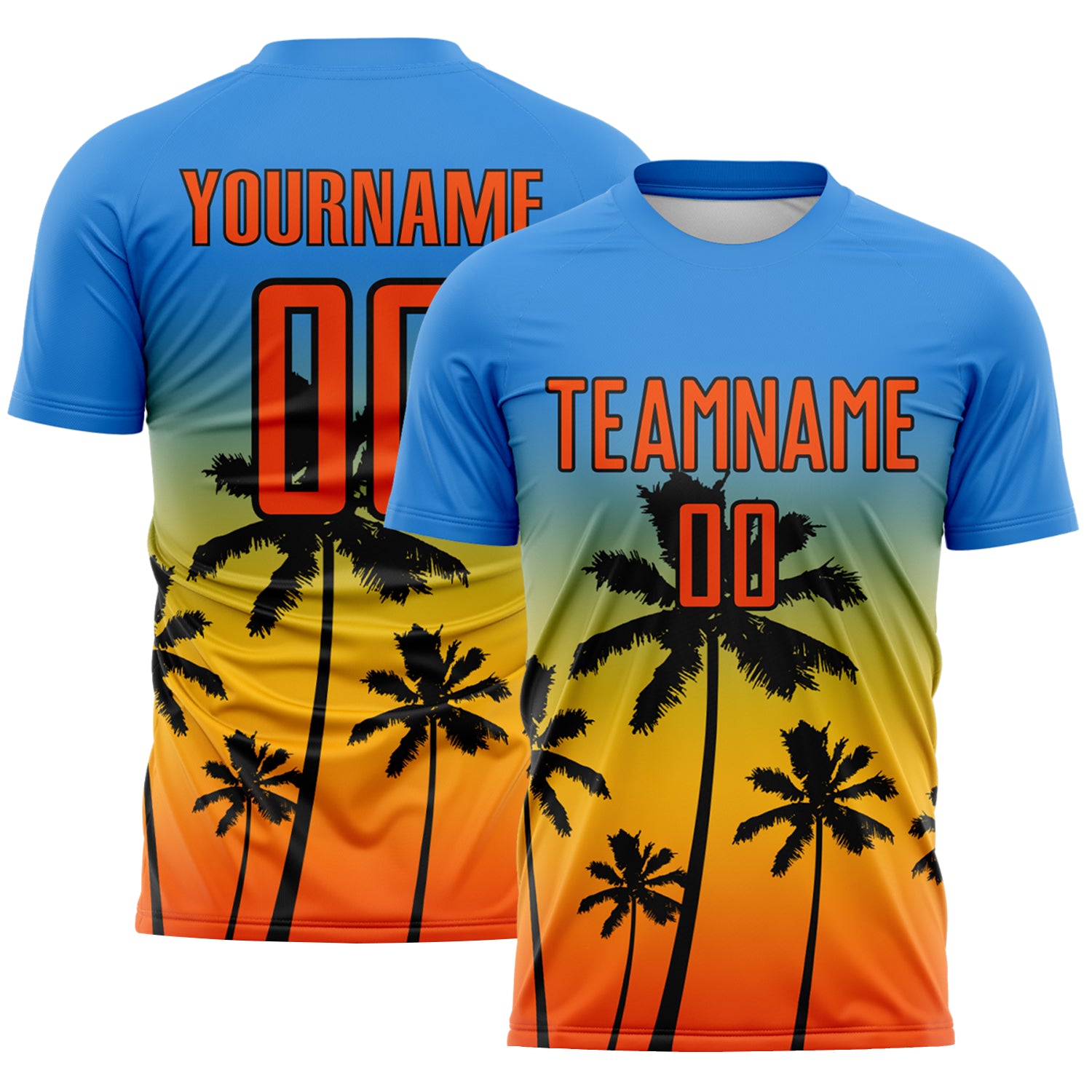Custom Powder Blue Orange Gold-Black Tropical Hawaii Palm Trees Gradient Sublimation Soccer Uniform Jersey