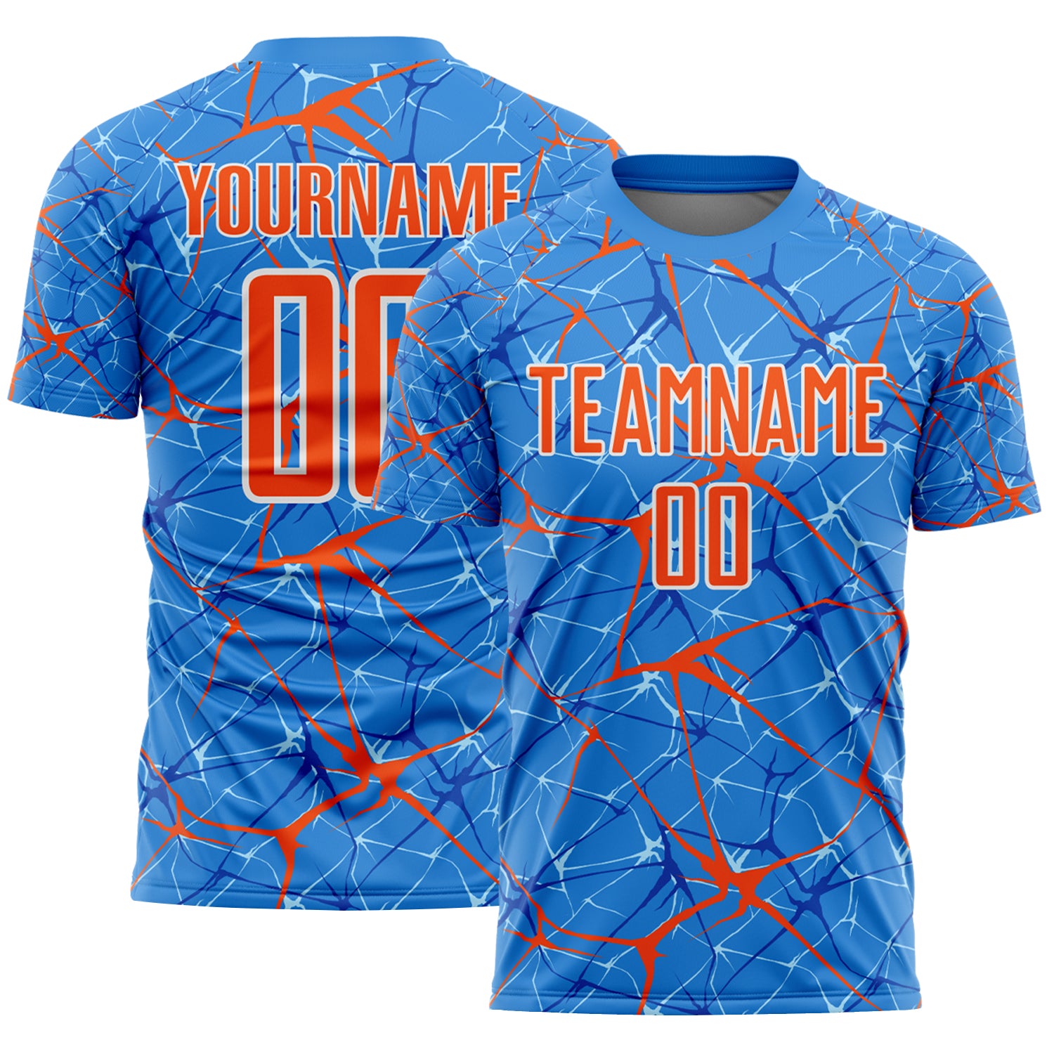 Custom Powder Blue Orange-White Abstract Network Crackle Sublimation Soccer Uniform Jersey