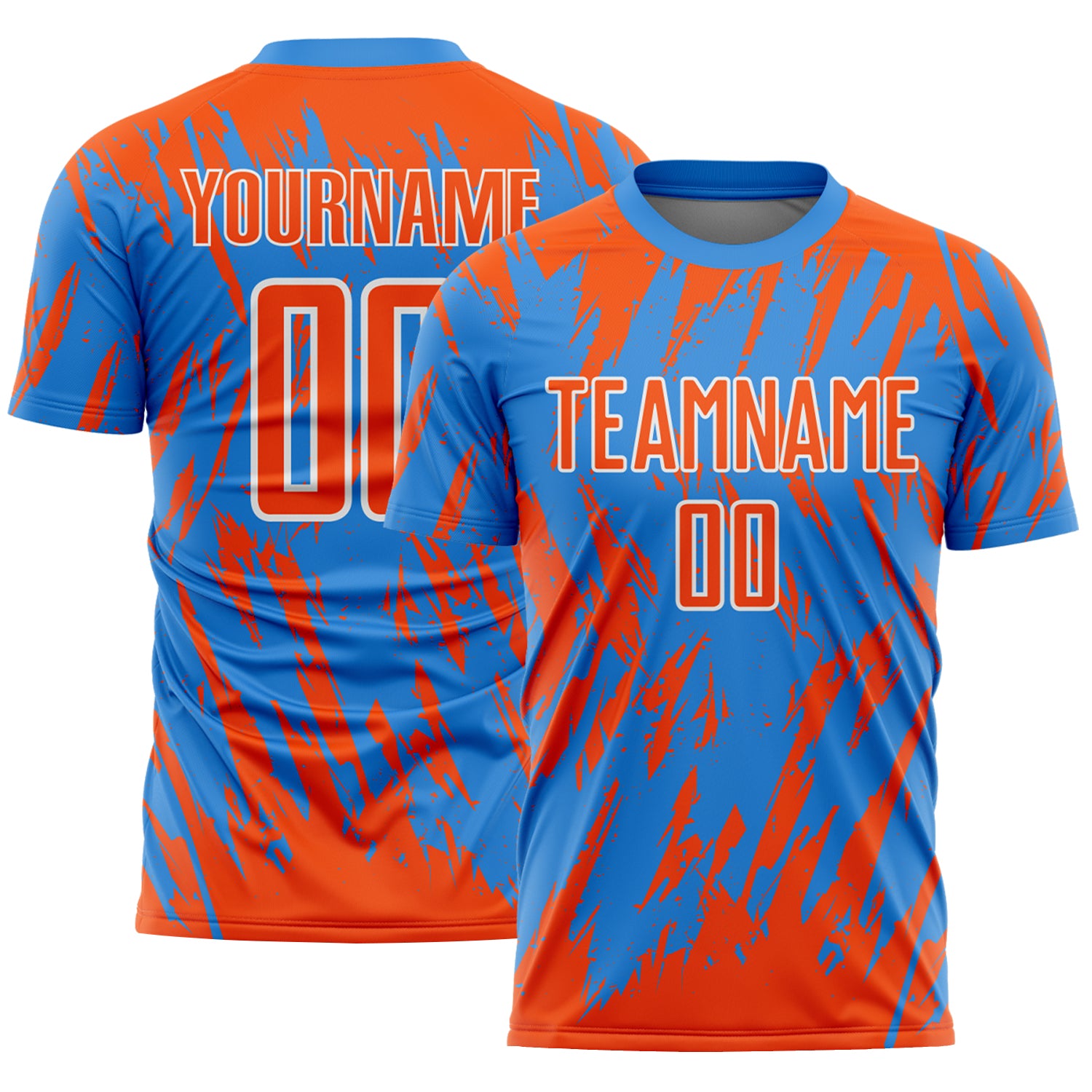 Custom Powder Blue Orange-White Splatter Torn Sharp Brush Stroke Sublimation Soccer Uniform Jersey