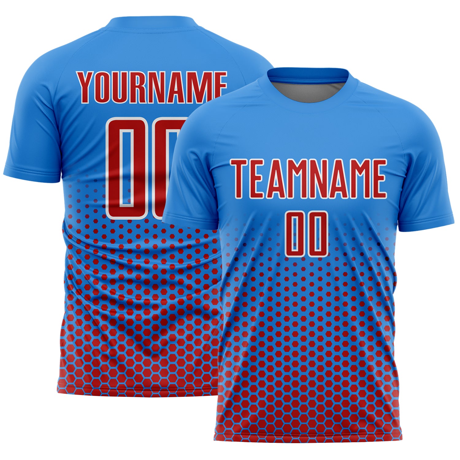 Custom Powder Blue Red-White Geometric Hexagonal Dot Gradient Sublimation Soccer Uniform Jersey