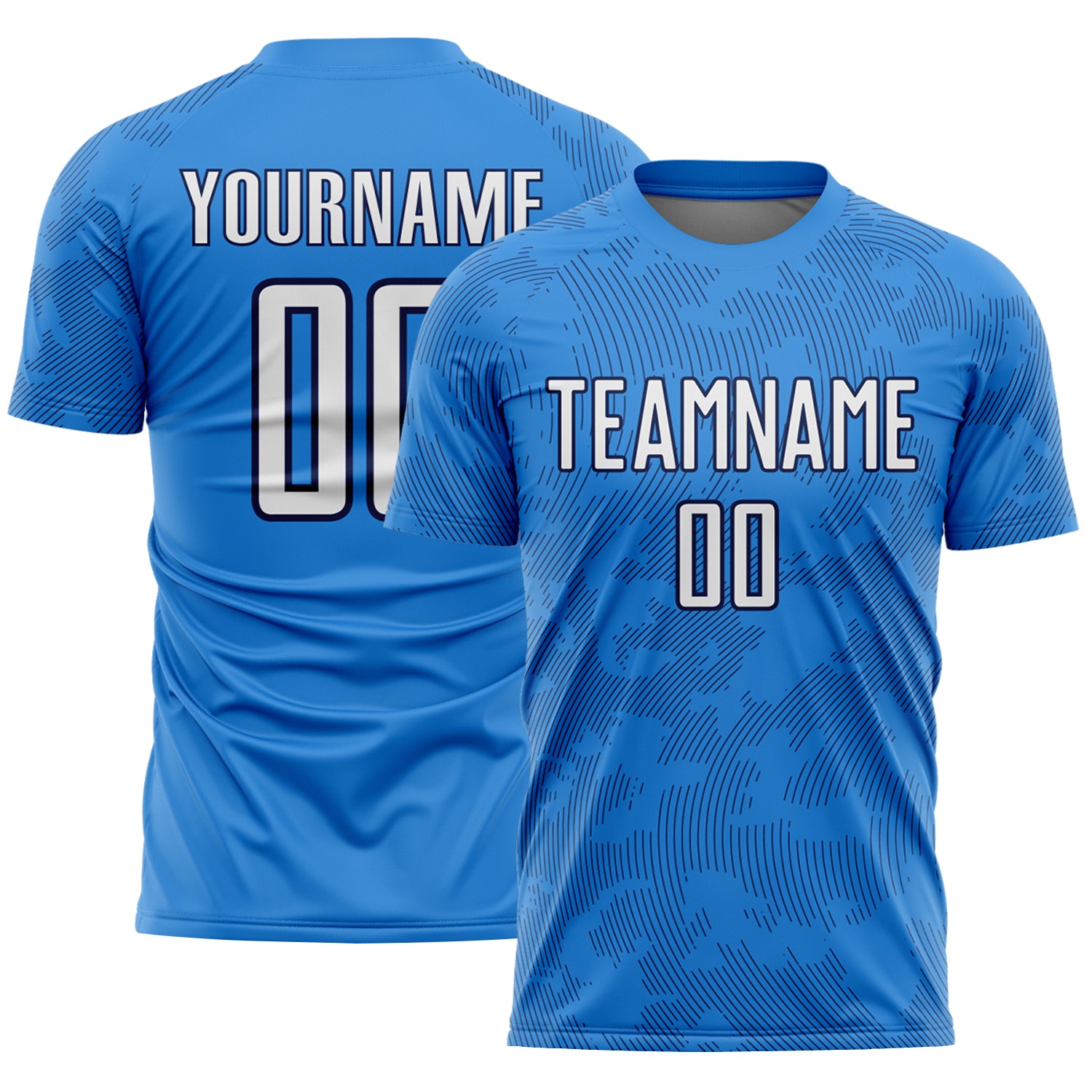 Custom Powder Blue White-Navy Curve Lines Sublimation Soccer Uniform Jersey