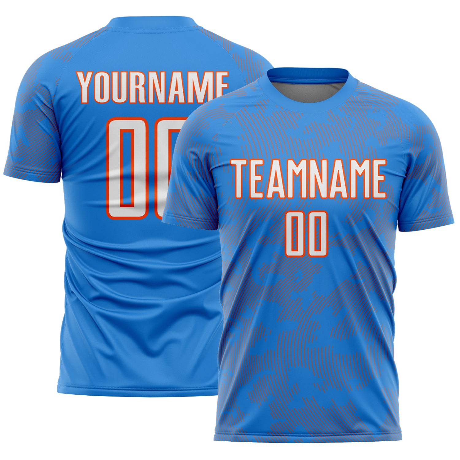 Custom Powder Blue White-Orange Curve Lines Sublimation Soccer Uniform Jersey