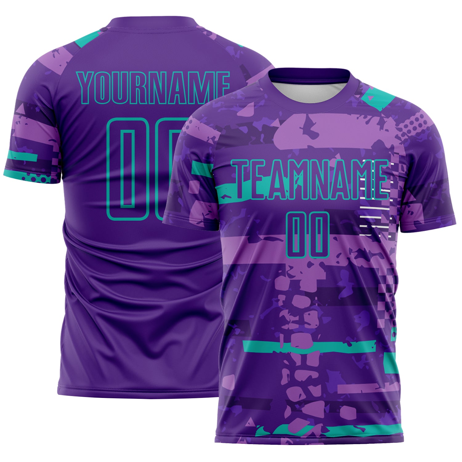 Custom Purple Aqua-Green Abstract Geometric Stripe Fragment Sublimation Soccer Uniform Jersey