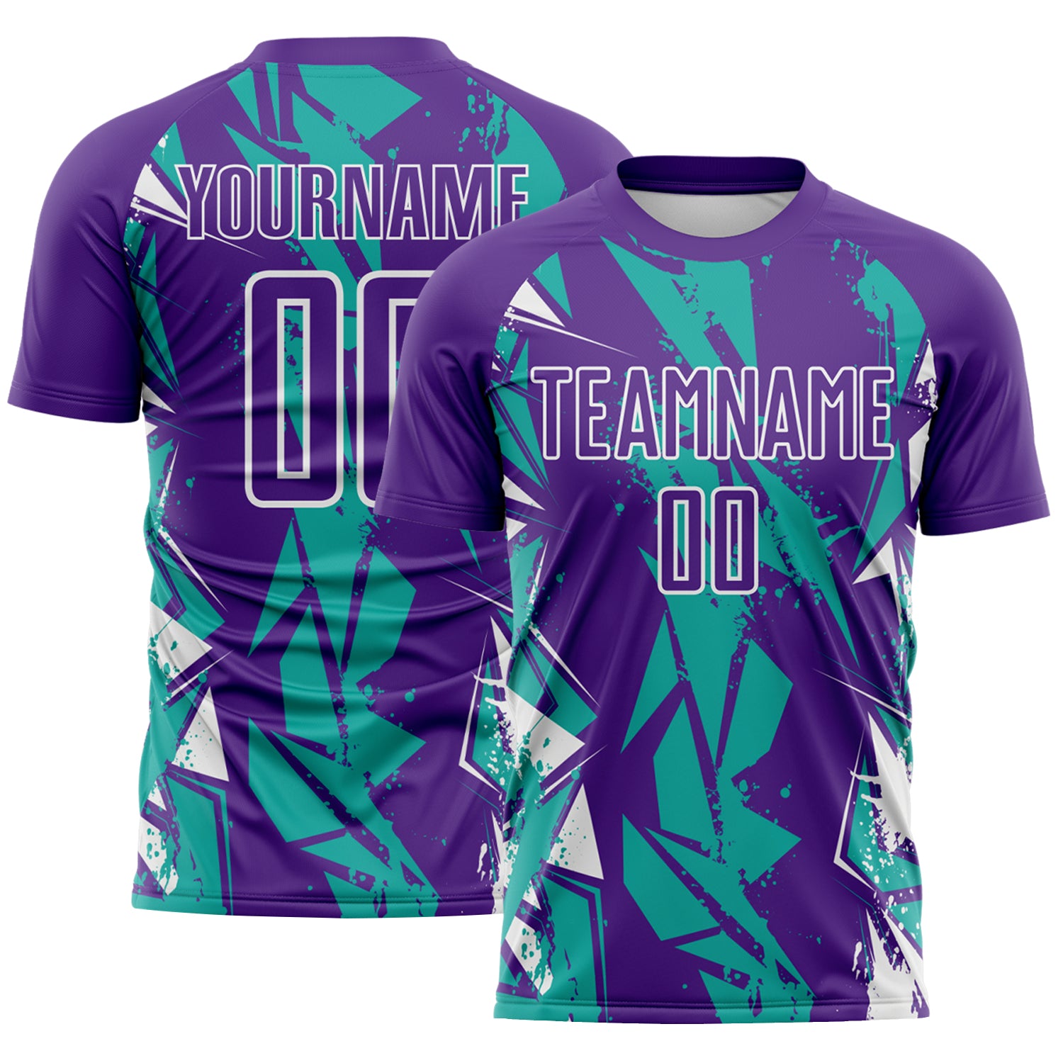 Custom Purple Aqua-White Geometric Shard Grunge Splash Sublimation Soccer Uniform Jersey