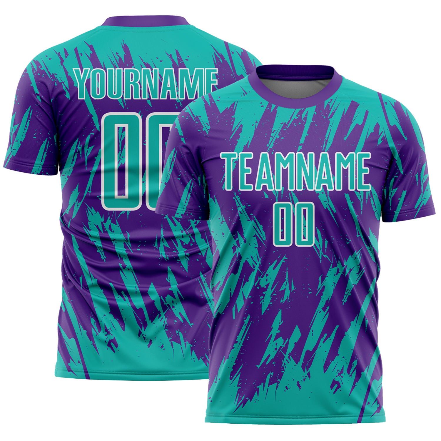Custom Purple Aqua-White Splatter Torn Sharp Brush Stroke Sublimation Soccer Uniform Jersey