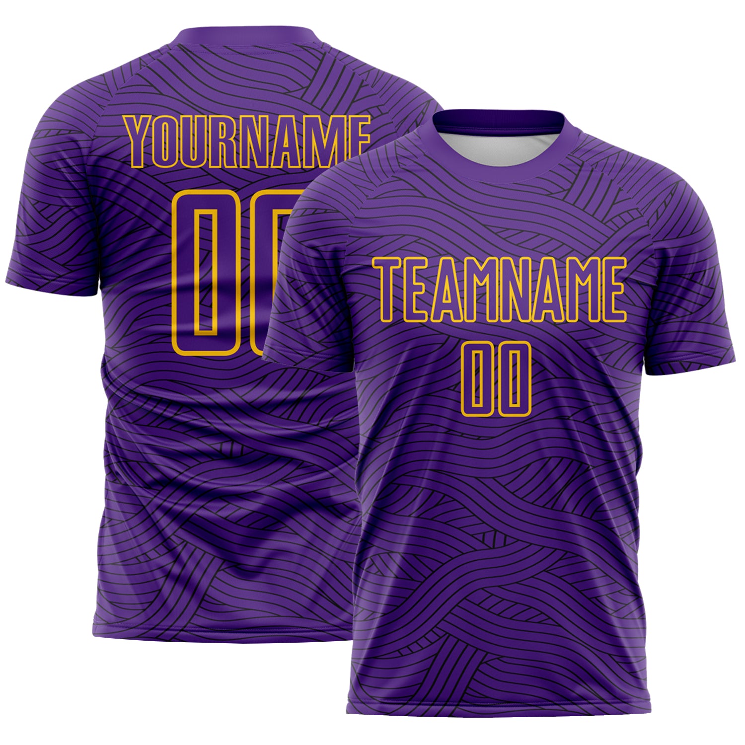Custom Purple Black-Gold Abstract Wave Lines Interlocking Sublimation Soccer Uniform Jersey