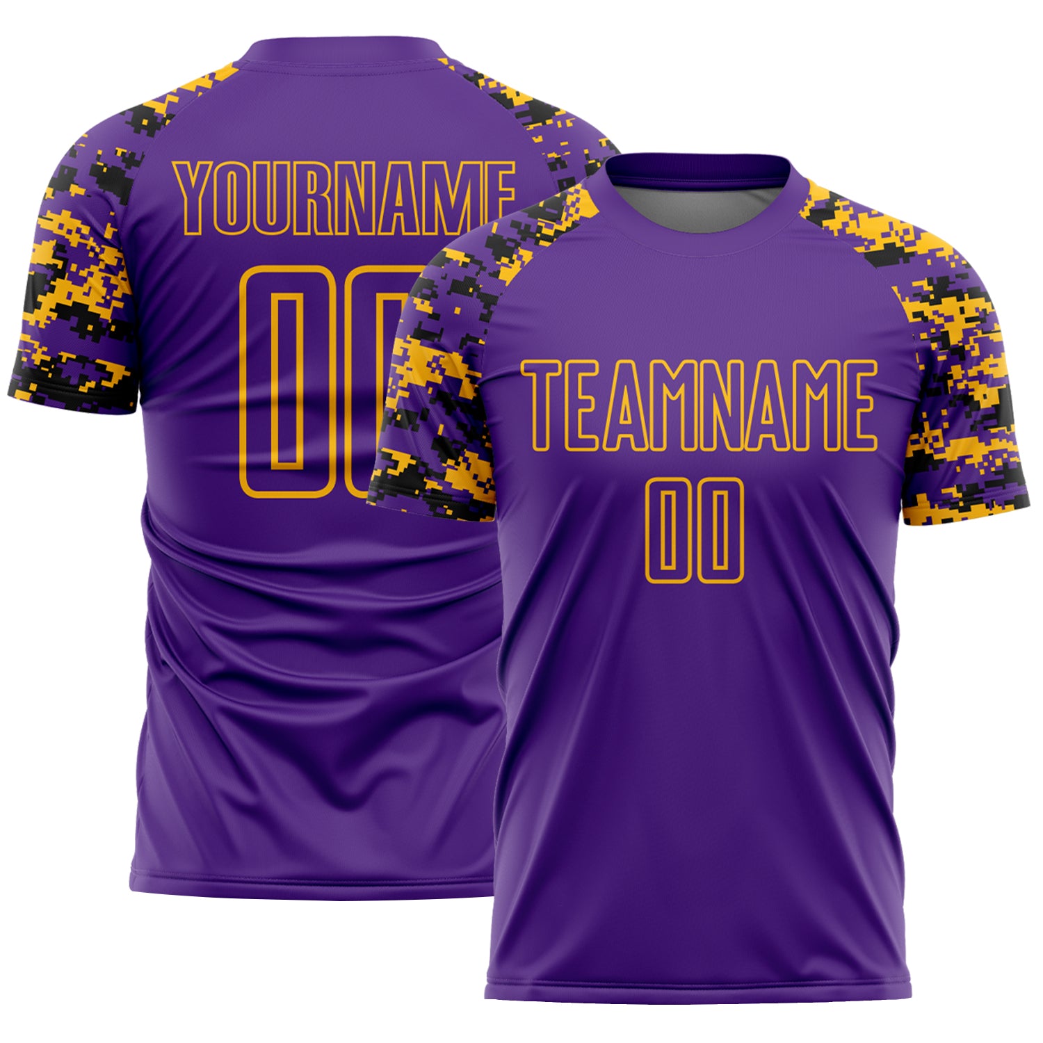 Custom Purple Black-Gold Digital Camo Raglan Sleeves Sublimation Soccer Uniform Jersey