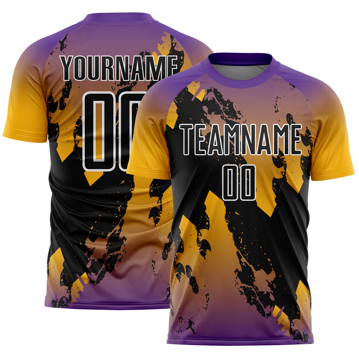 Custom Purple Black Gold-White Gradient Splash Sublimation Soccer Uniform Jersey