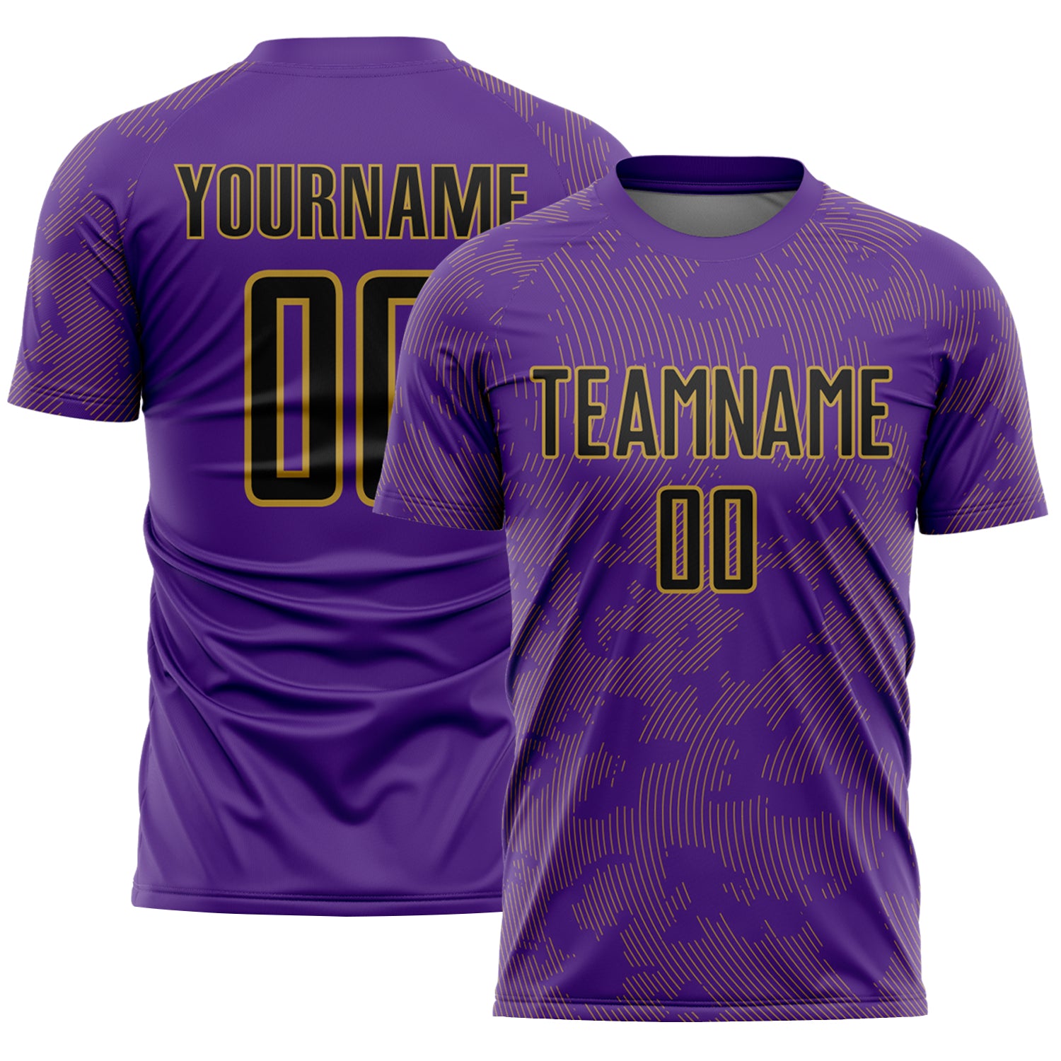 Custom Purple Black-Old Gold Curve Lines Sublimation Soccer Uniform Jersey