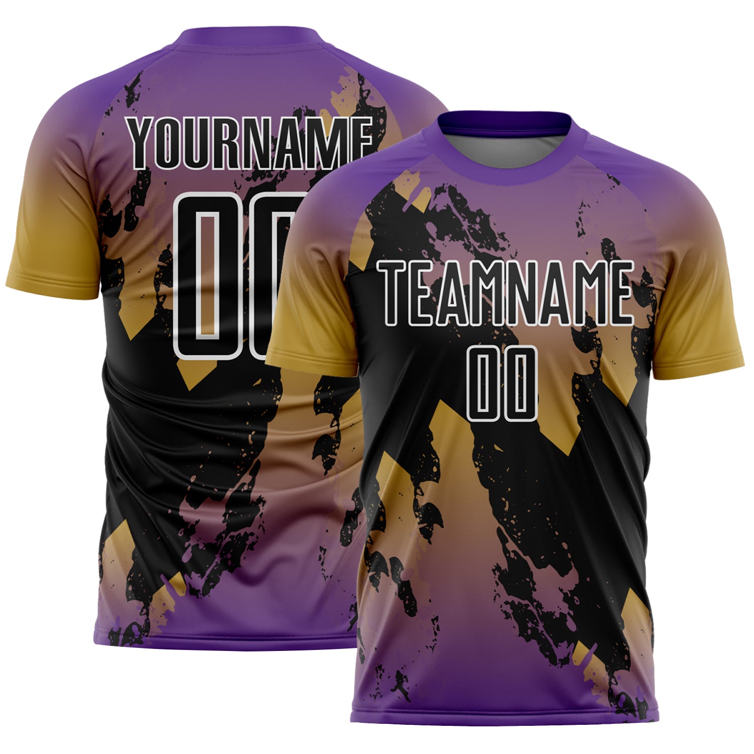 Custom Purple Black Old Gold-White Gradient Splash Sublimation Soccer Uniform Jersey