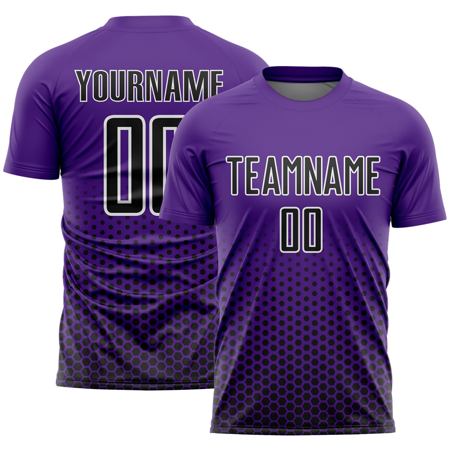 Custom Purple Black-White Geometric Hexagonal Dot Gradient Sublimation Soccer Uniform Jersey