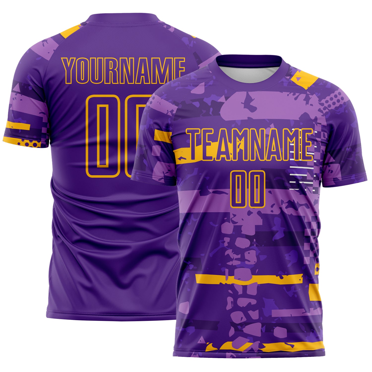 Custom Purple-Gold Abstract Geometric Stripe Fragment Sublimation Soccer Uniform Jersey