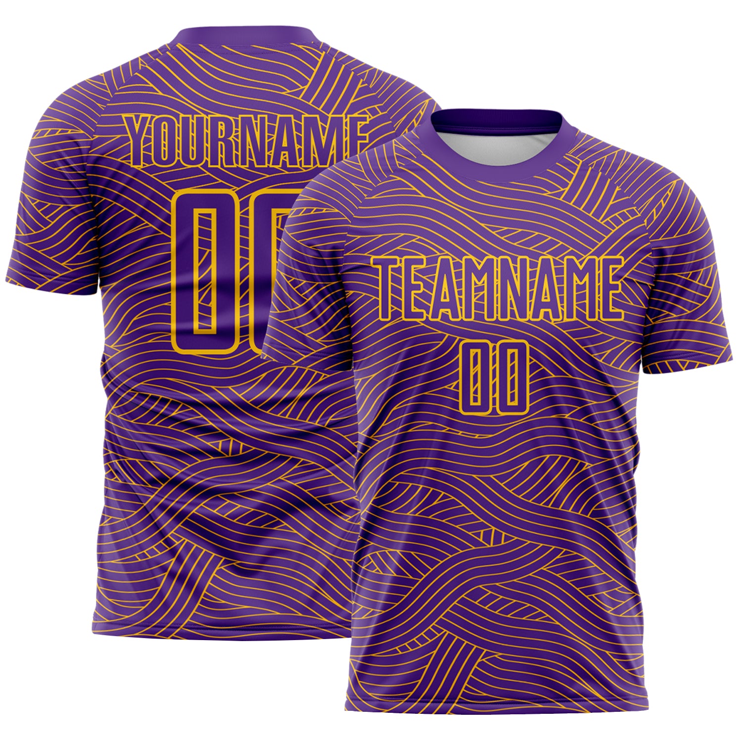 Custom Purple-Gold Abstract Wave Lines Interlocking Sublimation Soccer Uniform Jersey