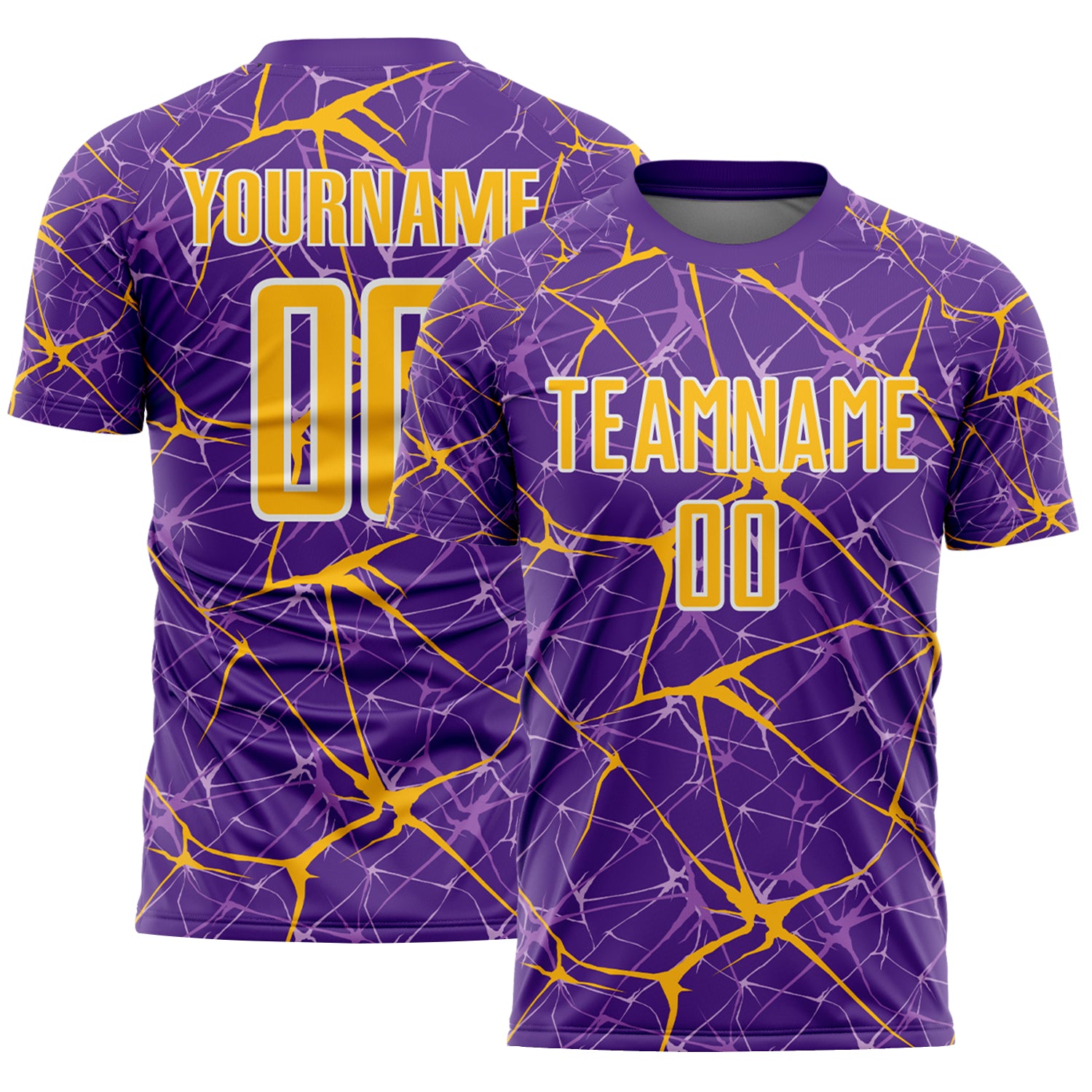 Custom Purple Gold-White Abstract Network Crackle Sublimation Soccer Uniform Jersey
