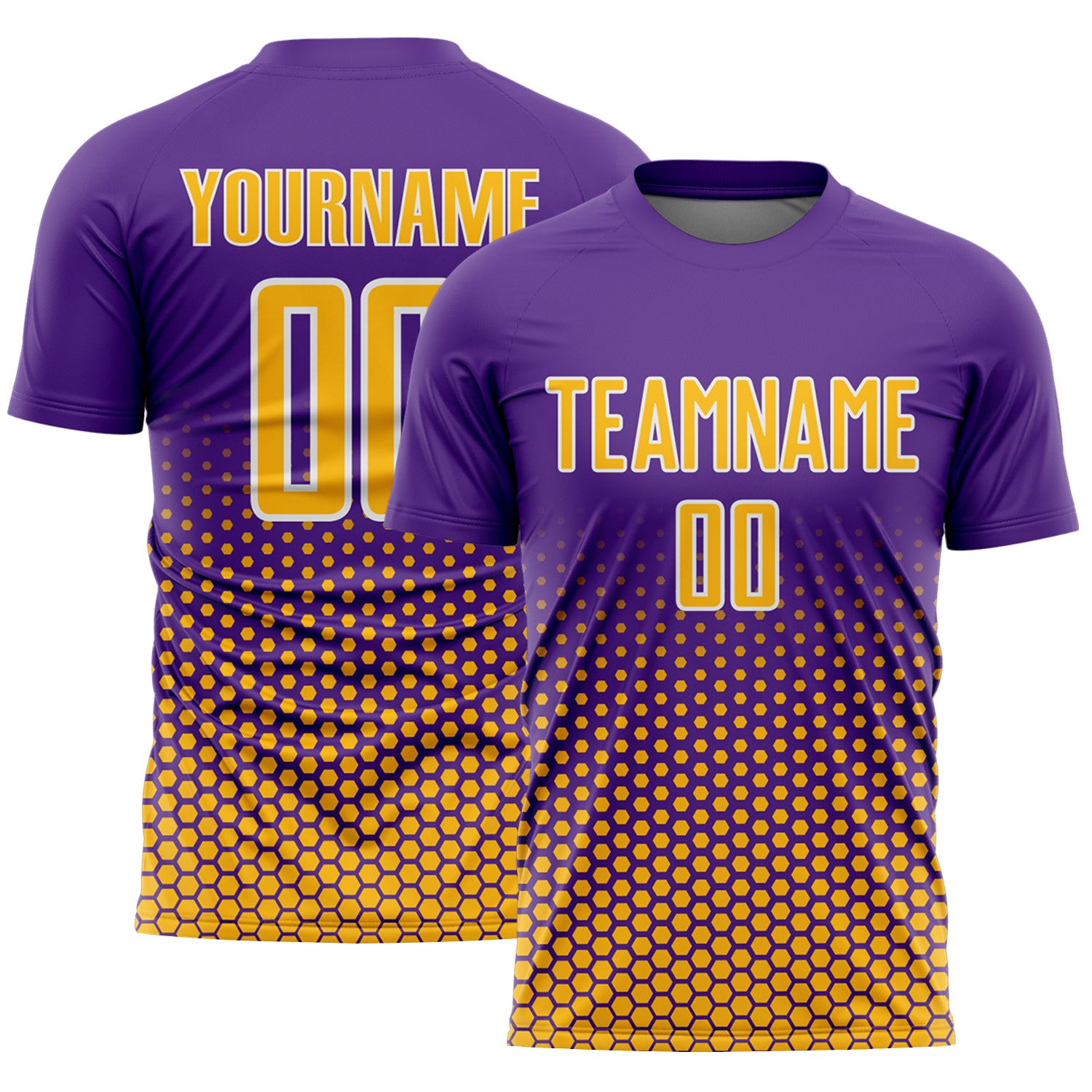 Custom Purple Gold-White Geometric Hexagonal Dot Gradient Sublimation Soccer Uniform Jersey