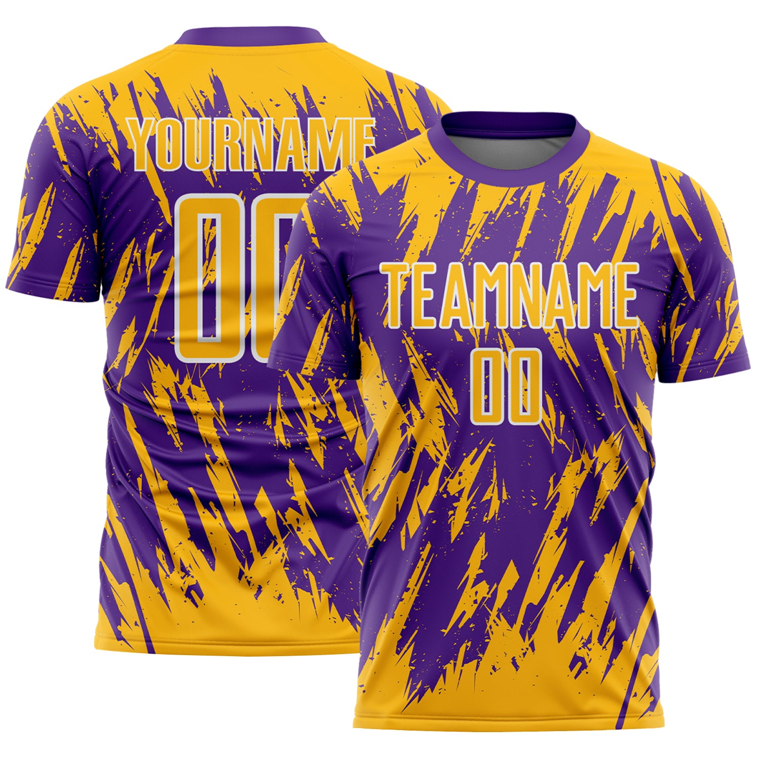 Custom Purple Gold-White Splatter Torn Sharp Brush Stroke Sublimation Soccer Uniform Jersey