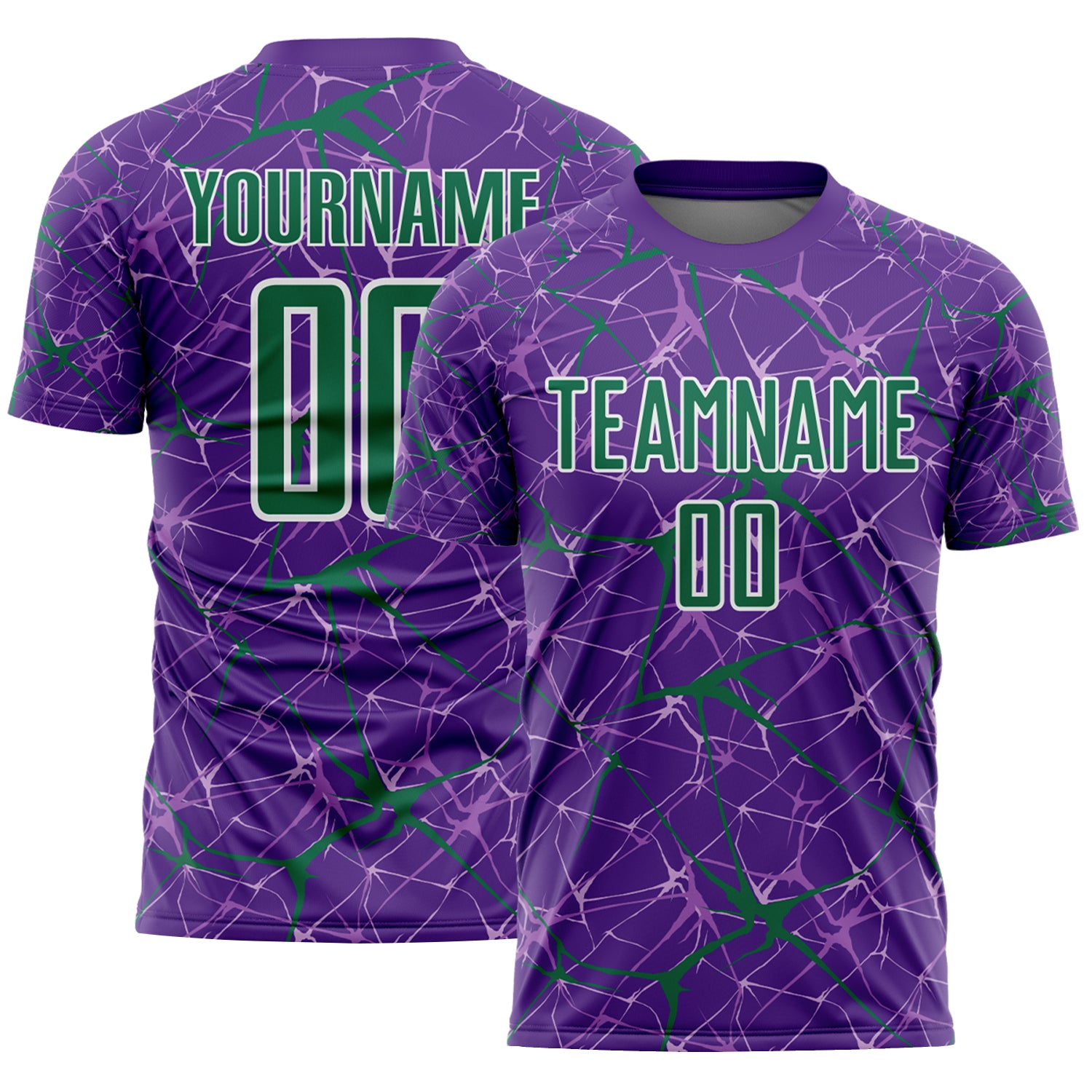 Custom Purple Kelly Green-White Abstract Network Crackle Sublimation Soccer Uniform Jersey