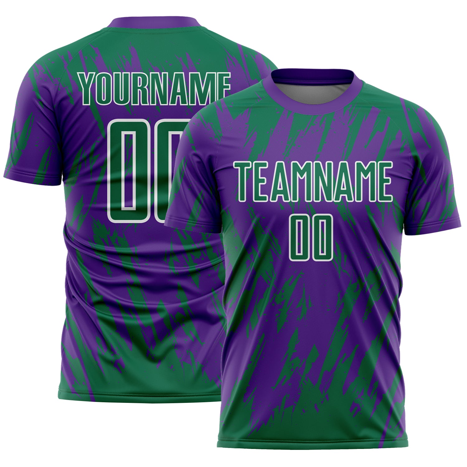 Custom Purple Kelly Green-White Splatter Torn Sharp Brush Stroke Sublimation Soccer Uniform Jersey