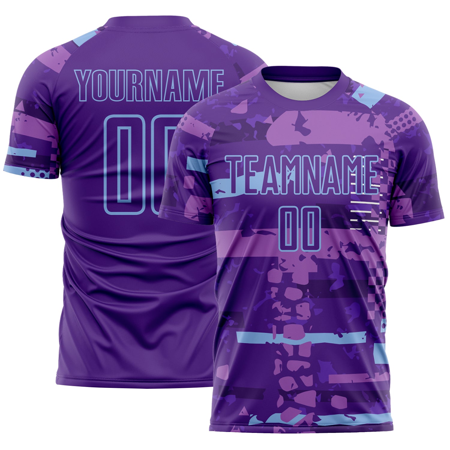 Custom Purple-Light Blue Abstract Geometric Stripe Fragment Sublimation Soccer Uniform Jersey