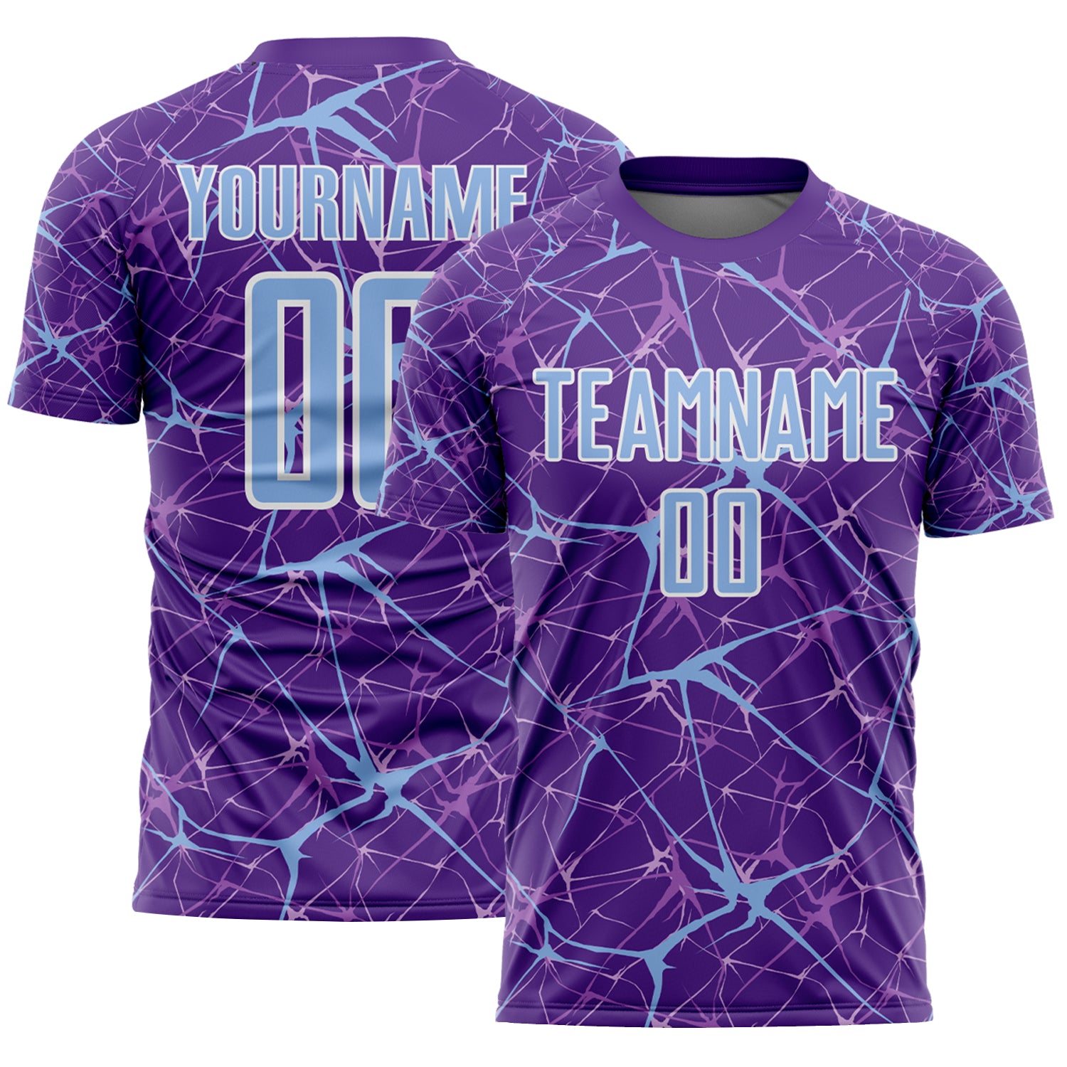 Custom Purple Light Blue-White Abstract Network Crackle Sublimation Soccer Uniform Jersey
