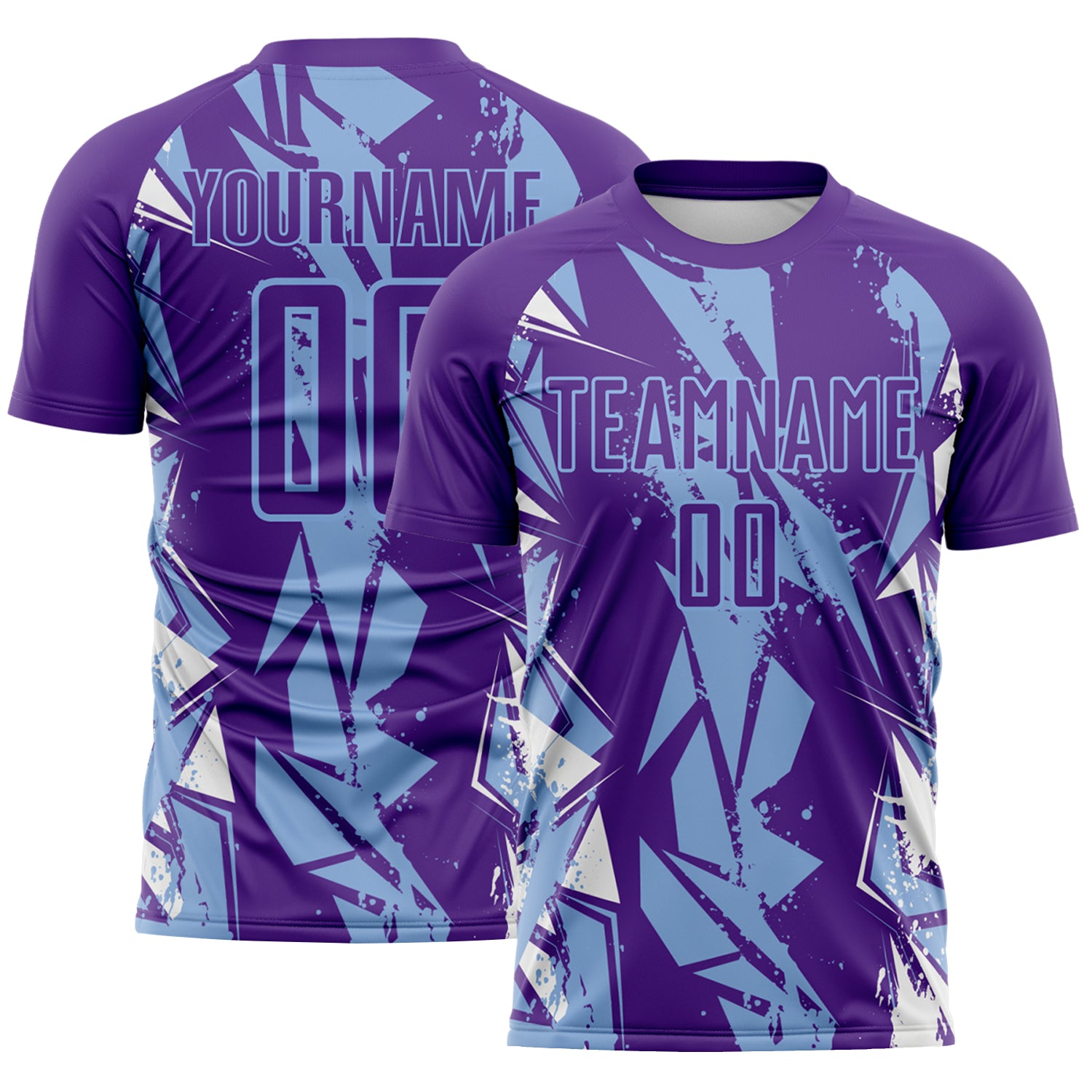 Custom Purple Light Blue-White Geometric Shard Grunge Splash Sublimation Soccer Uniform Jersey