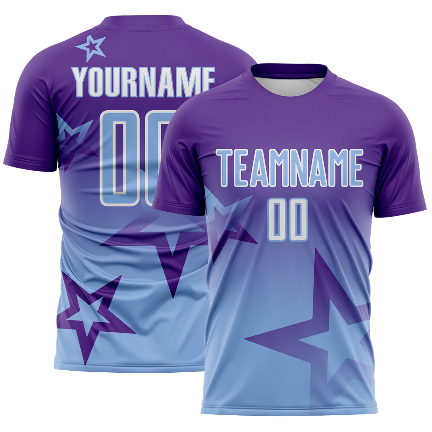 Custom Purple Light Blue-White Gradient Style Twinkle Star Sublimation Soccer Uniform Jersey