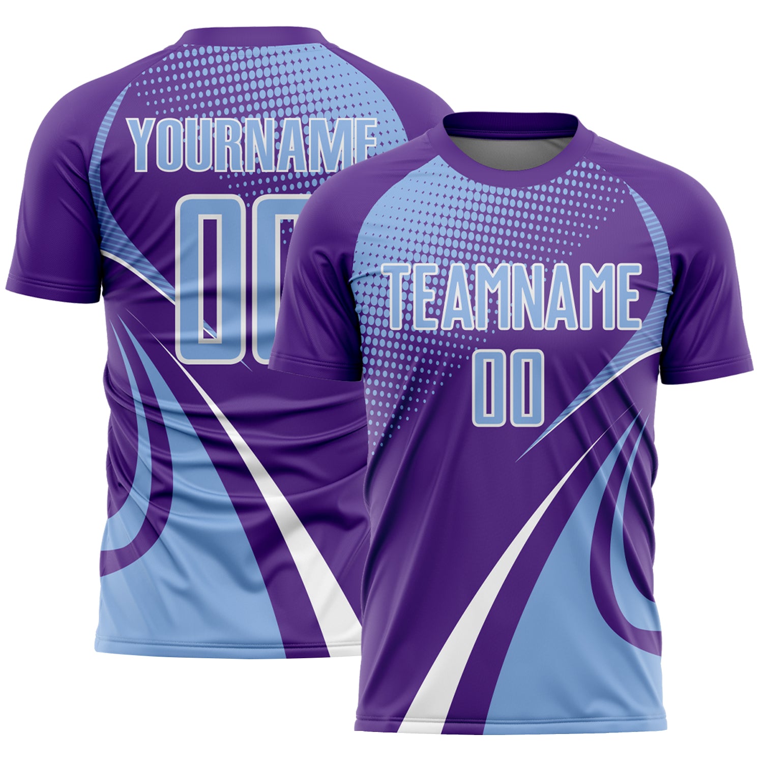 Custom Purple Light Blue-White Halftone Dot Dynamic Curve Stripe Sublimation Soccer Uniform Jersey