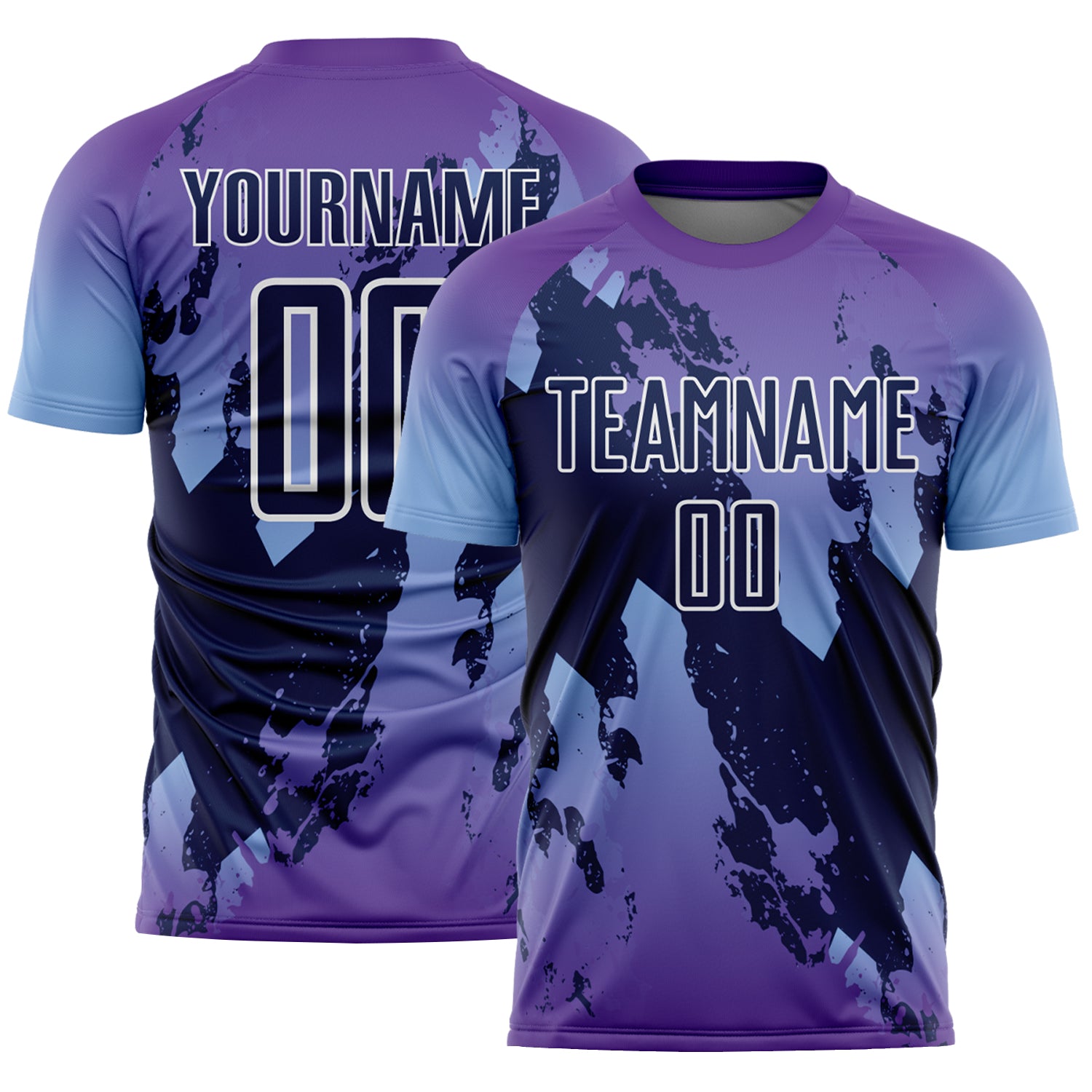 Custom Purple Navy Light Blue-White Gradient Splash Sublimation Soccer Uniform Jersey