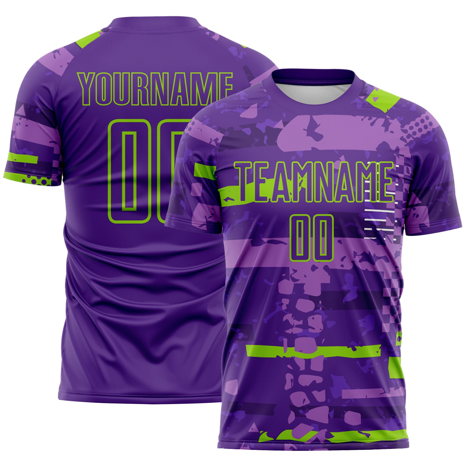 Custom Purple-Neon Green Abstract Geometric Stripe Fragment Sublimation Soccer Uniform Jersey