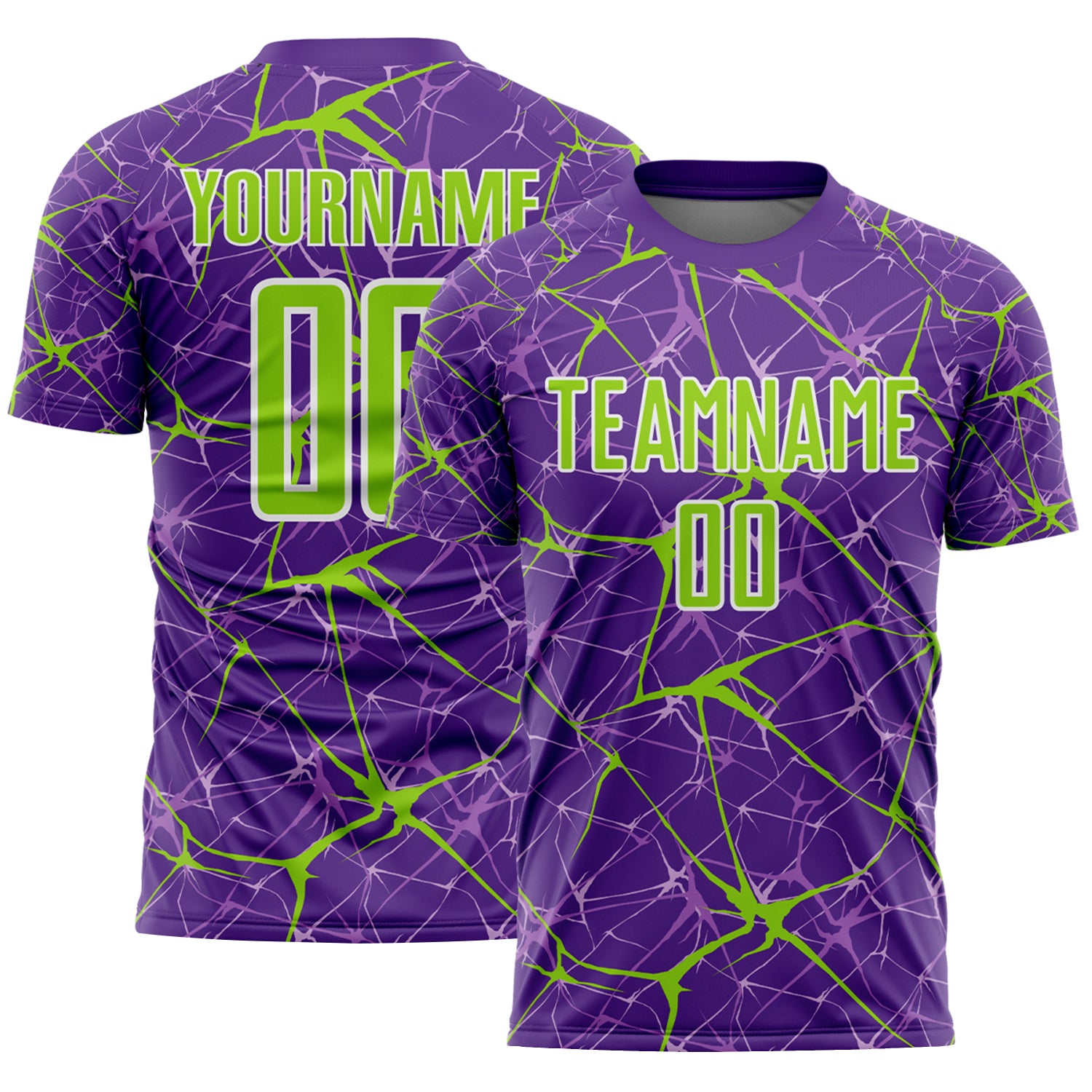 Custom Purple Neon Green-White Abstract Network Crackle Sublimation Soccer Uniform Jersey